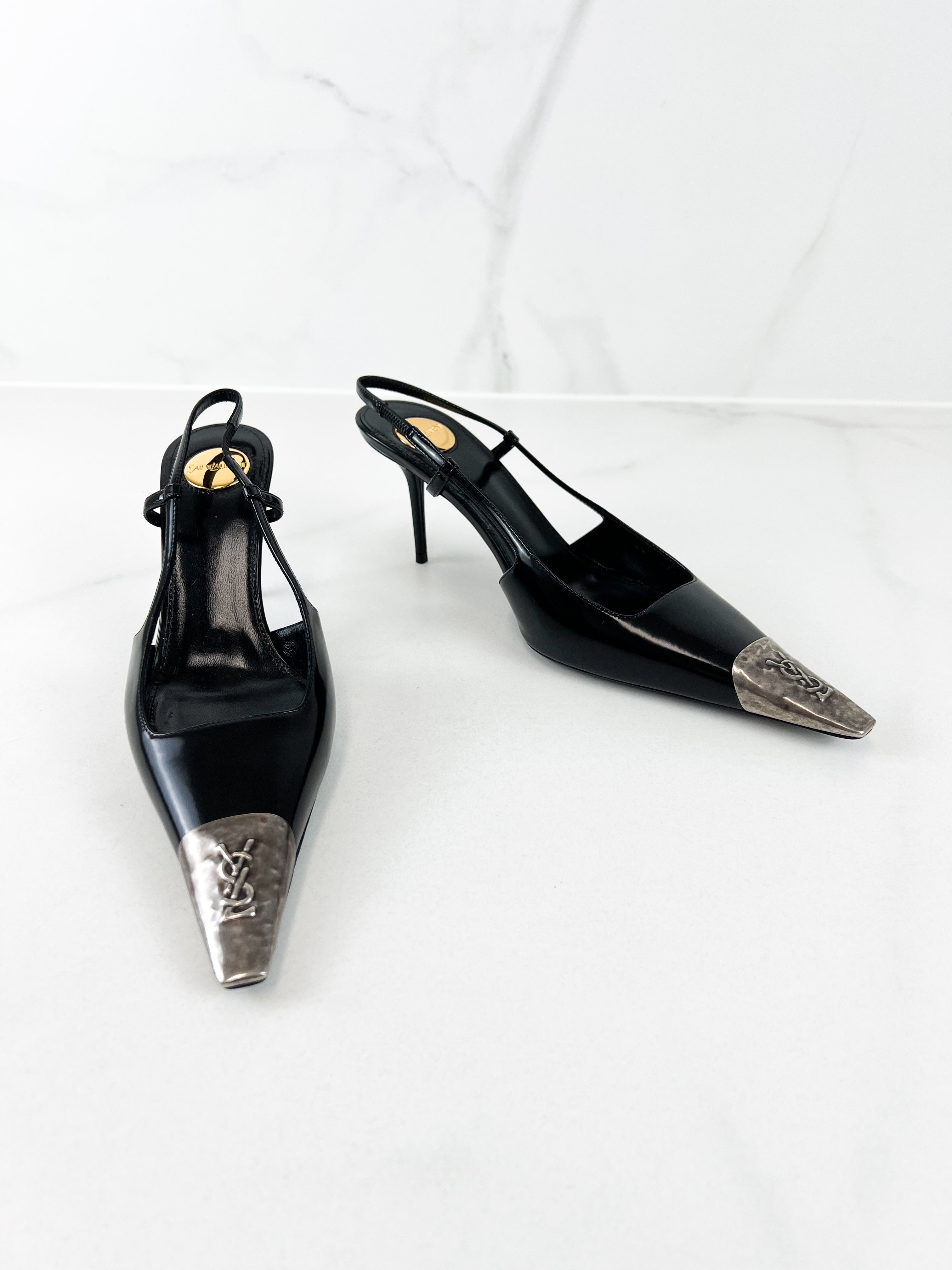 Saint Laurent Jenne Leather Pumps with Silver-tone Metal Cap Toe Size 36