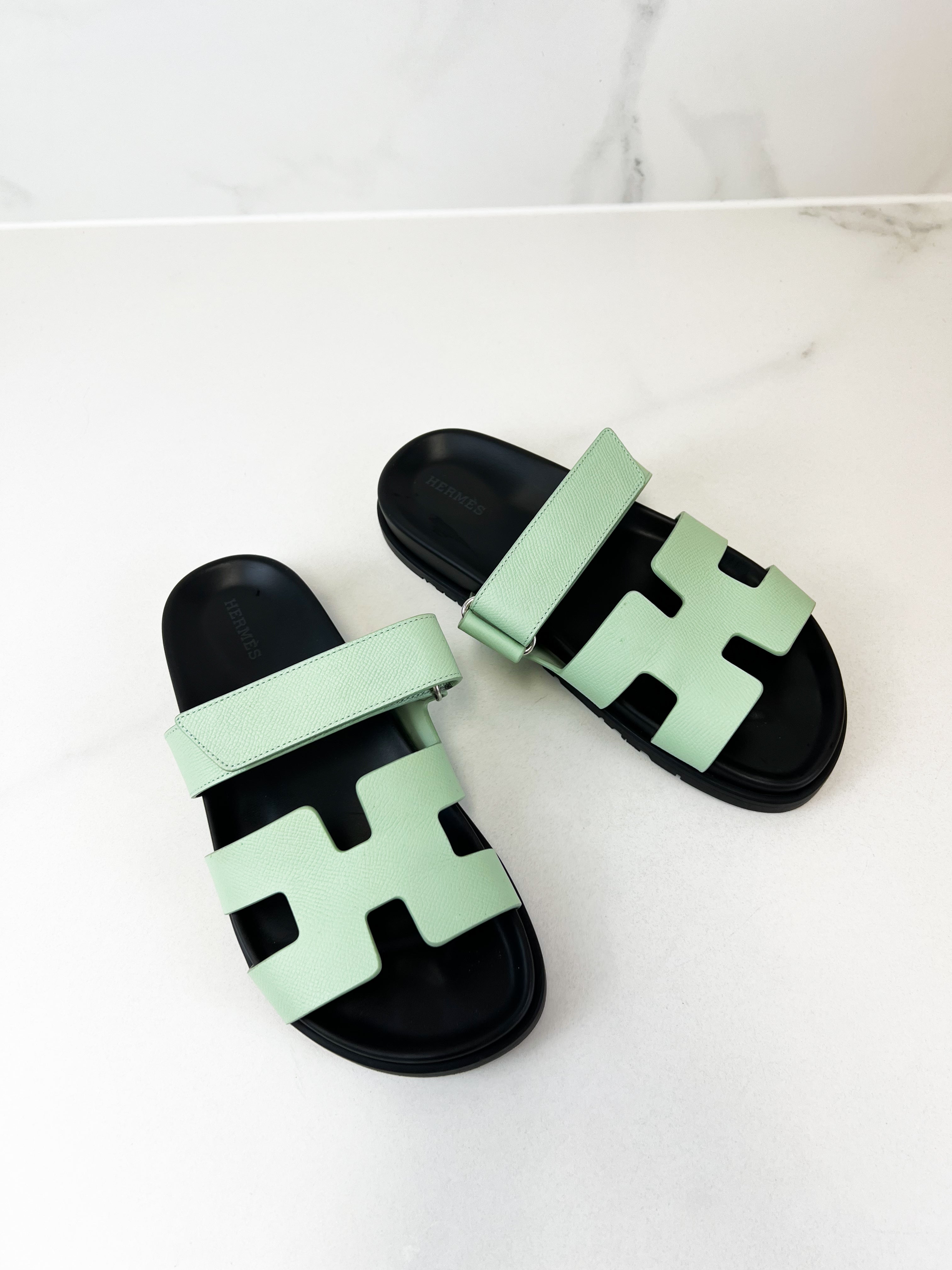 Hermes Chypre Sandals Vert Jade Epsom Size 38.5