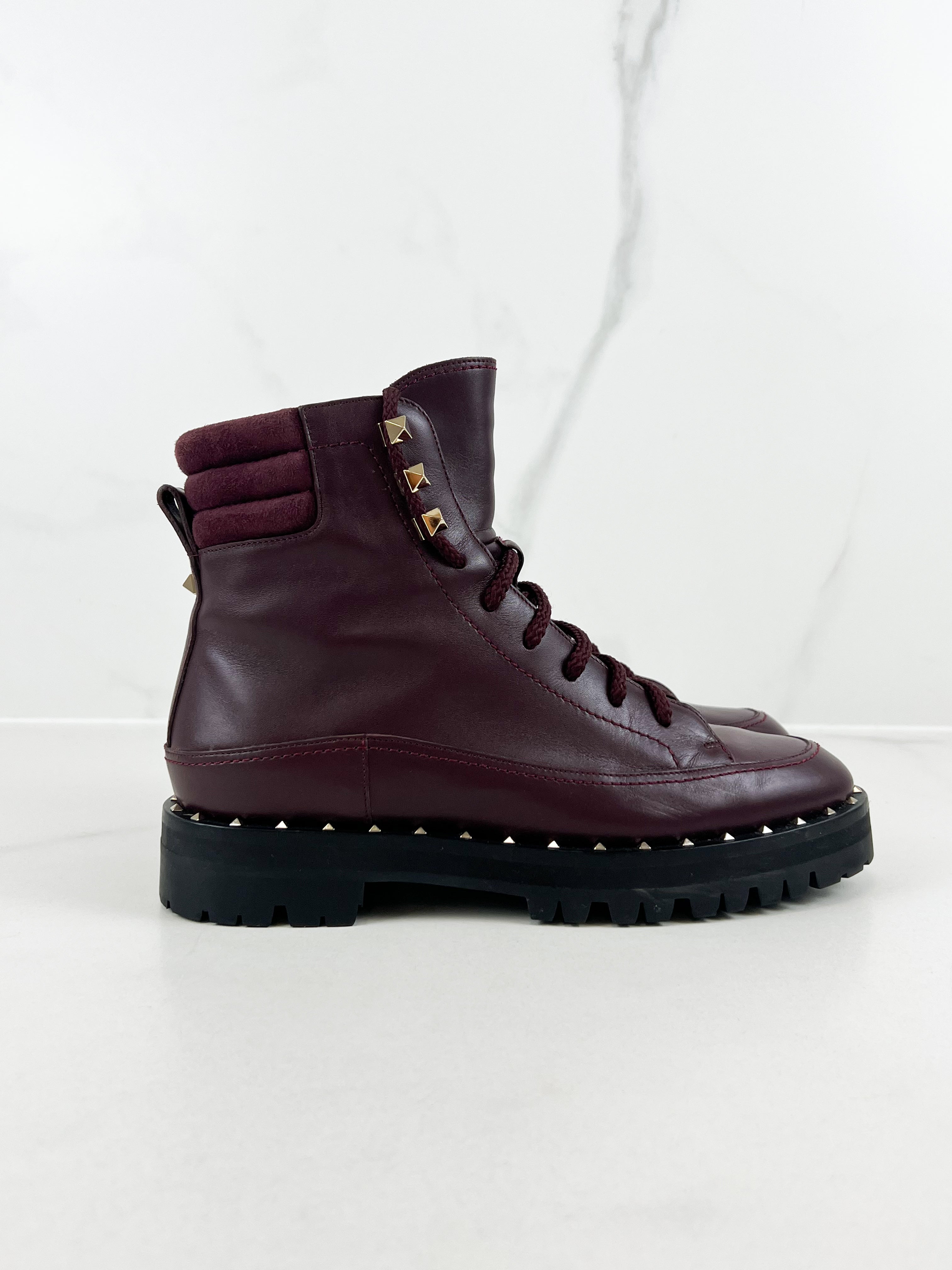 Valentino Garavani Rockstud Leather Combat Boots in Burgundy Size 36