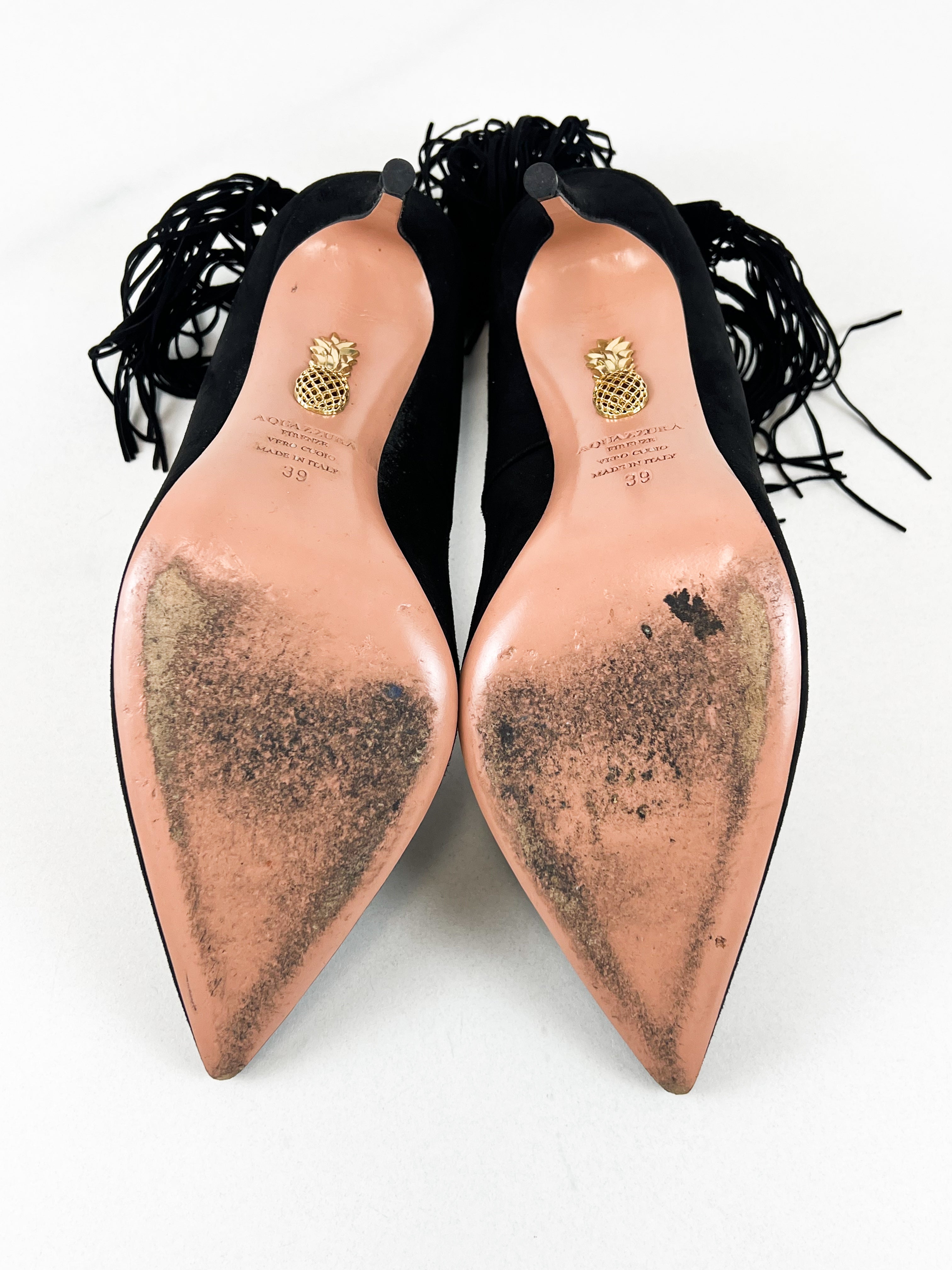 Aquazzura Black Suede Fringe Tie Pumps 105 Size 39