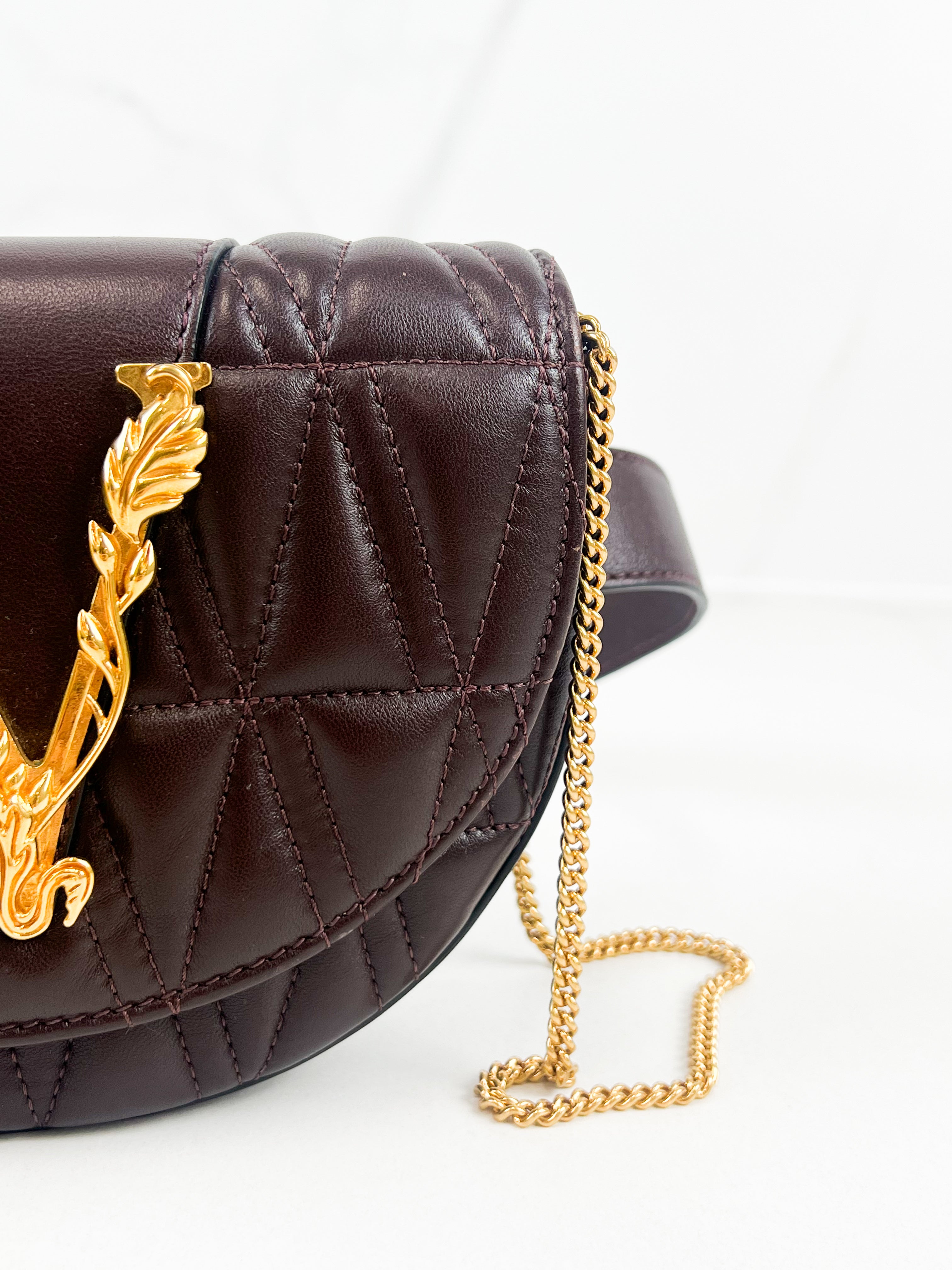 Versace V Logo Chocolate Leather Belt/Chain Bag