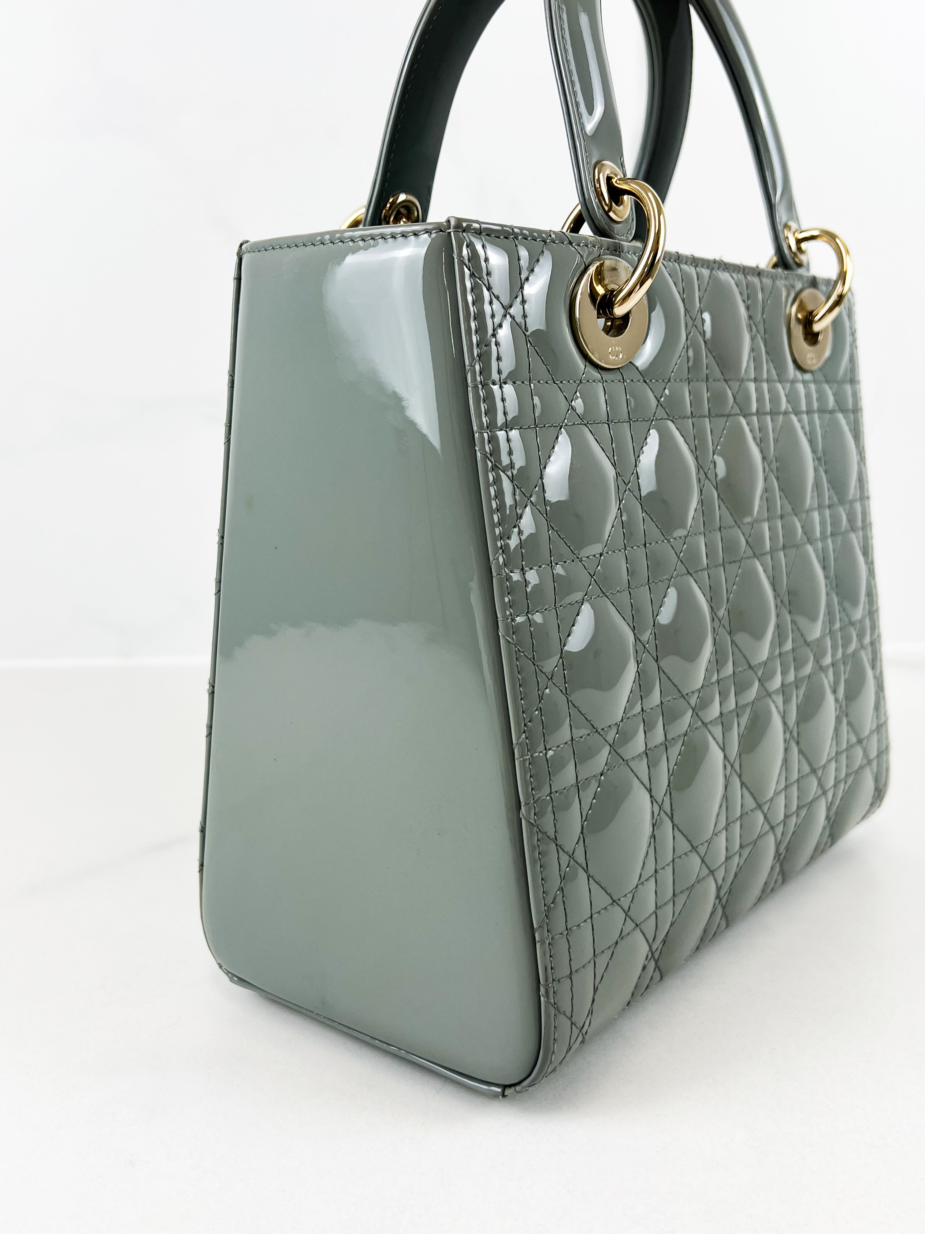 Christian Dior Medium Lady Dior In Grey Patent with GHW