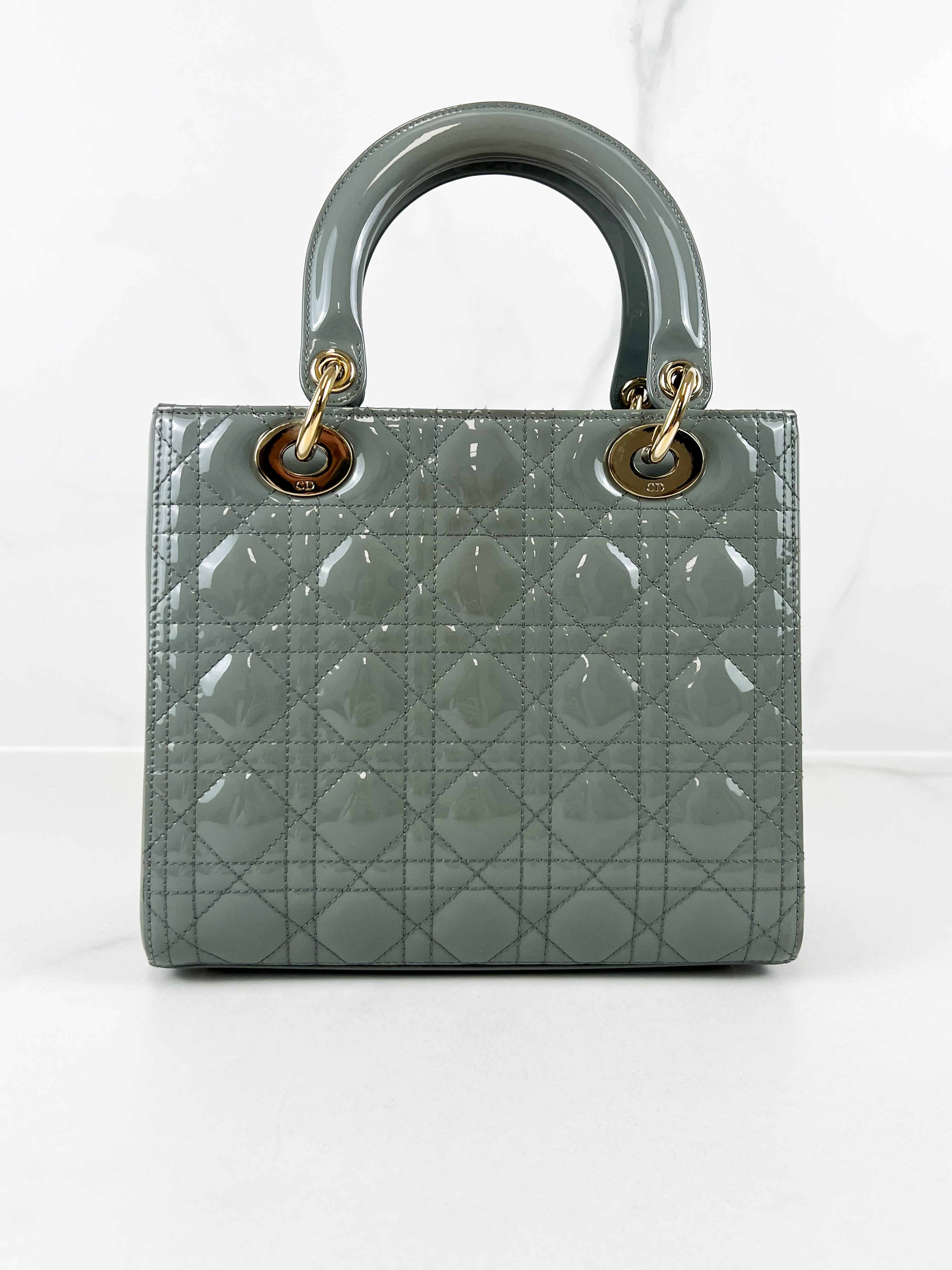 Christian Dior Medium Lady Dior In Grey Patent with GHW