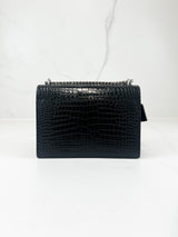 Saint Laurent Sunset Medium Black Croc Shoulder Bag with SHW
