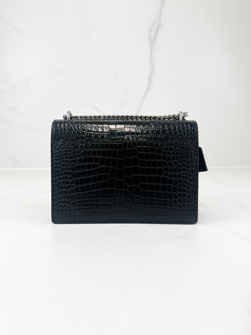 Saint Laurent Sunset Medium Black Croc Shoulder Bag with SHW