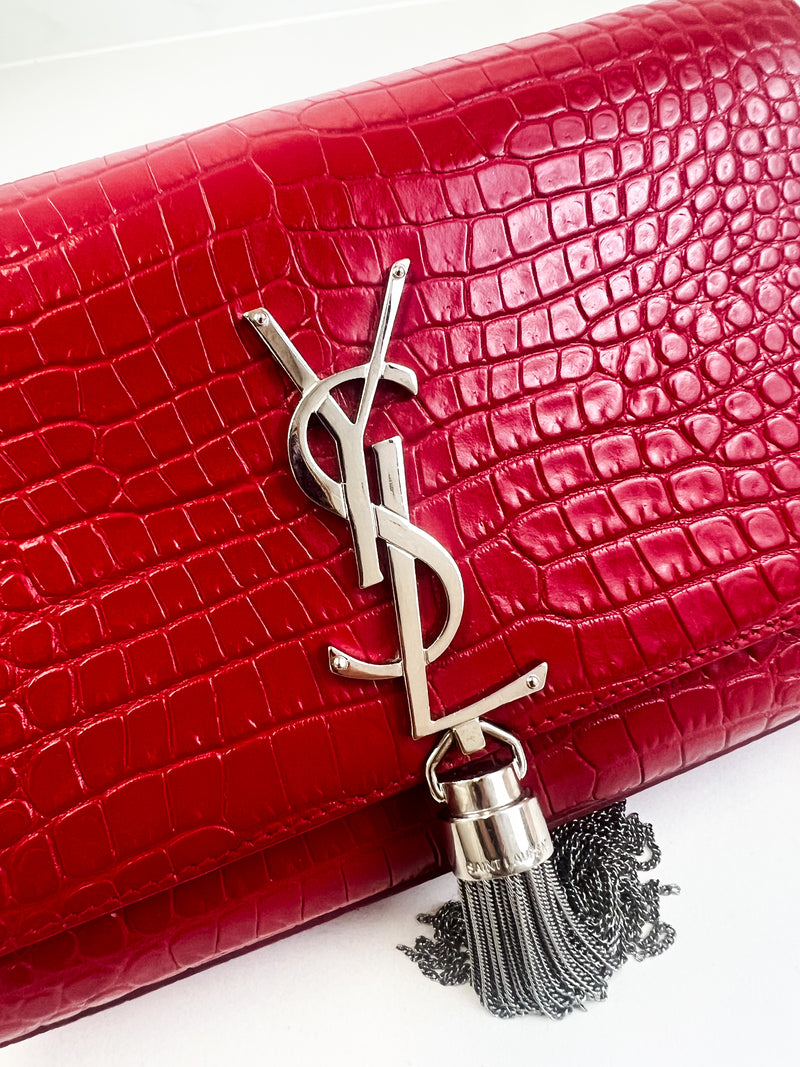 Saint Laurent Red Mini Kate Tassel Croc