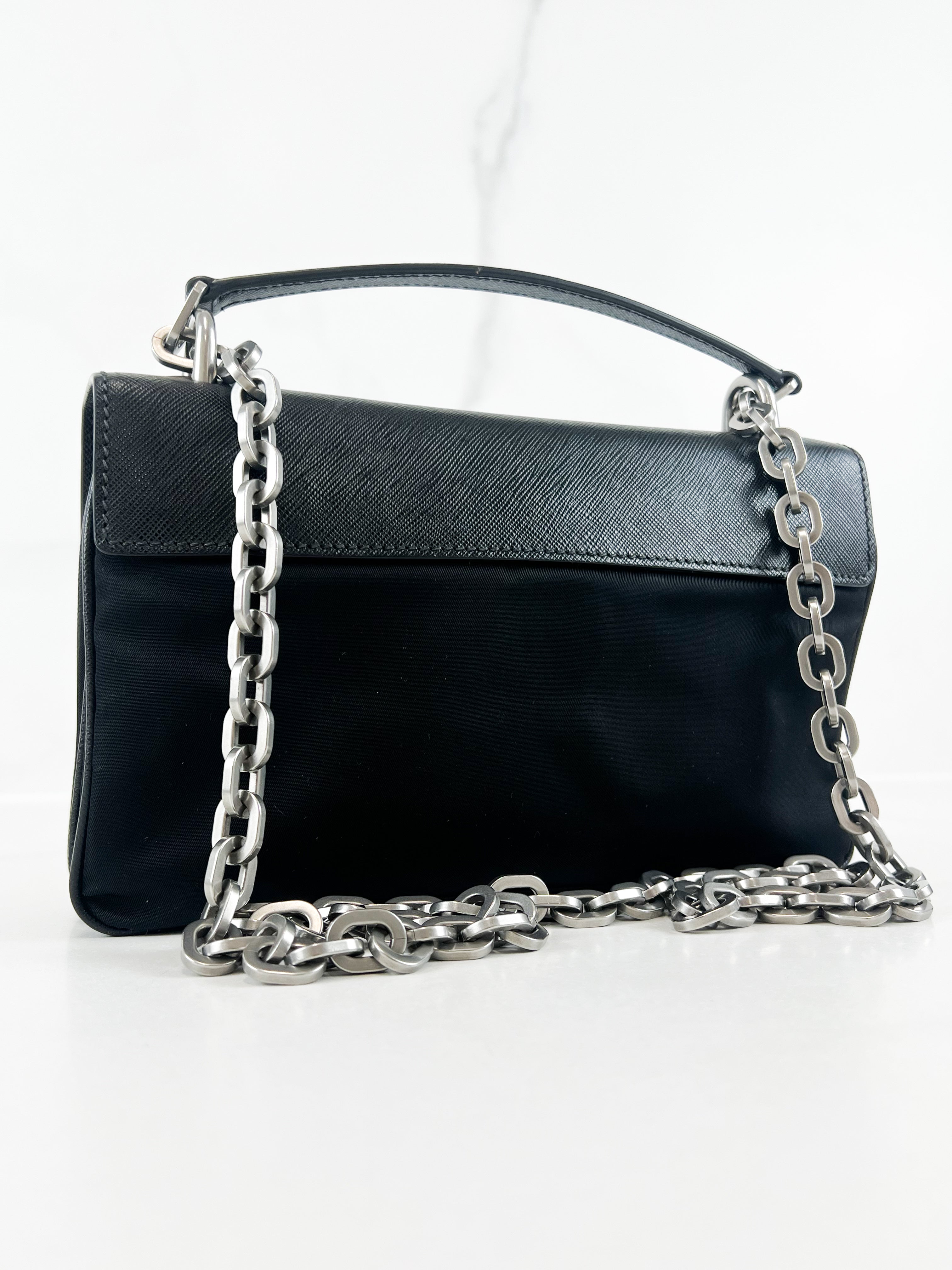 Prada Black Saffiano Leather/ Nylon Medium Chain Shoulder Bag