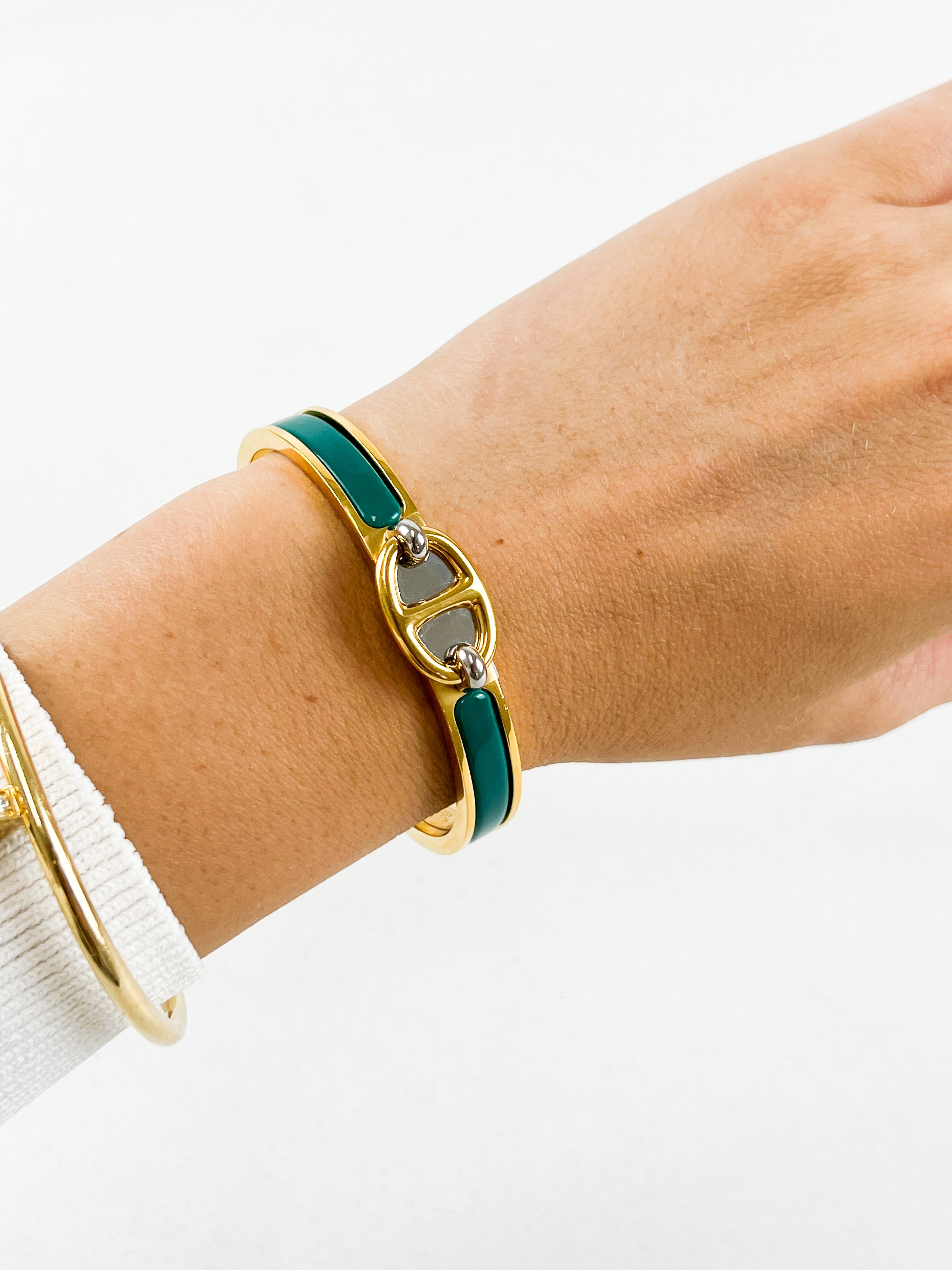 Hermès Mini Clic Chaîne d'Ancre Enamel Bracelet in Gold / Vert Bleuet