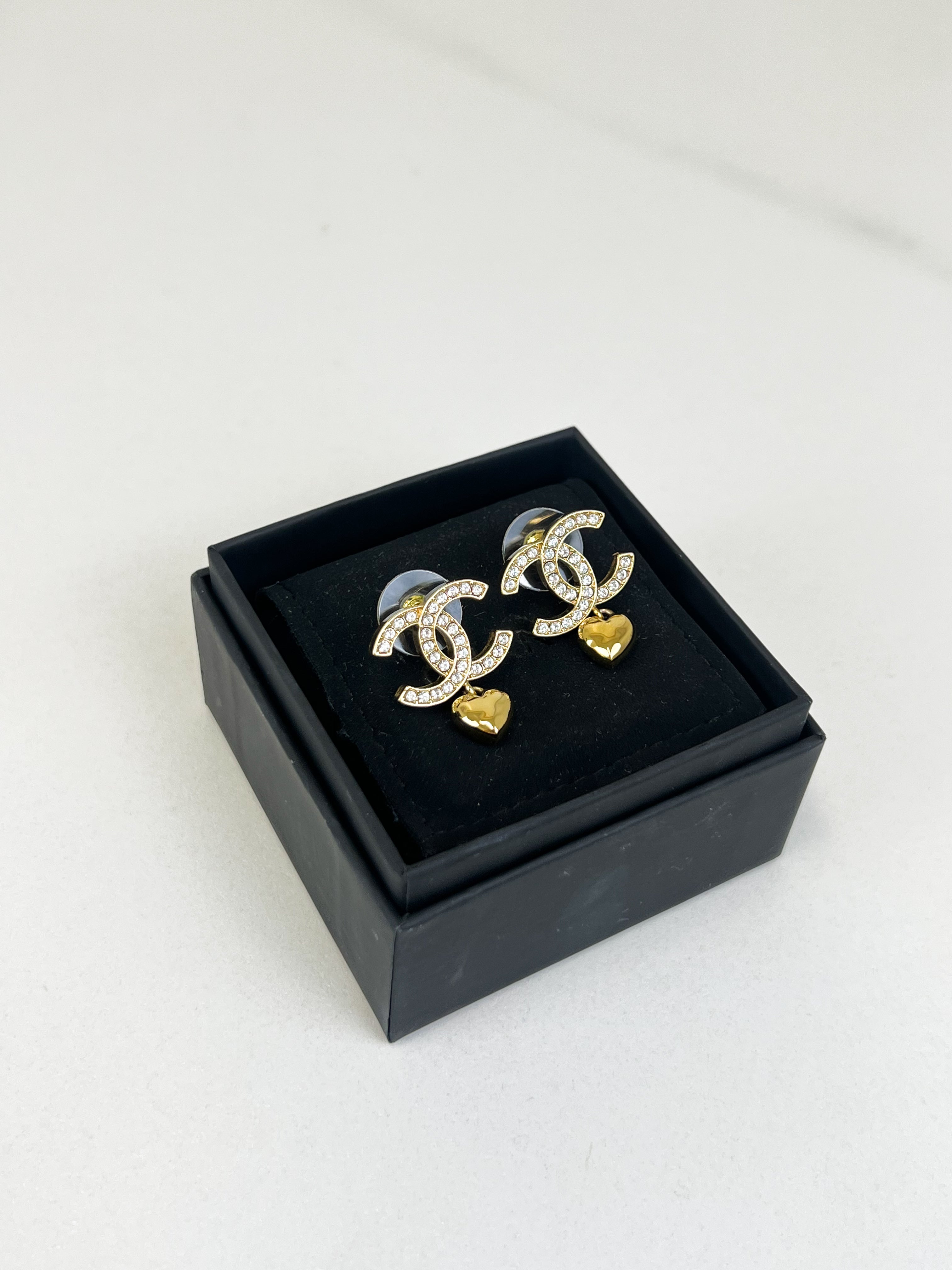 Chanel CC Crystal Stud Earrings with Heart Drop
