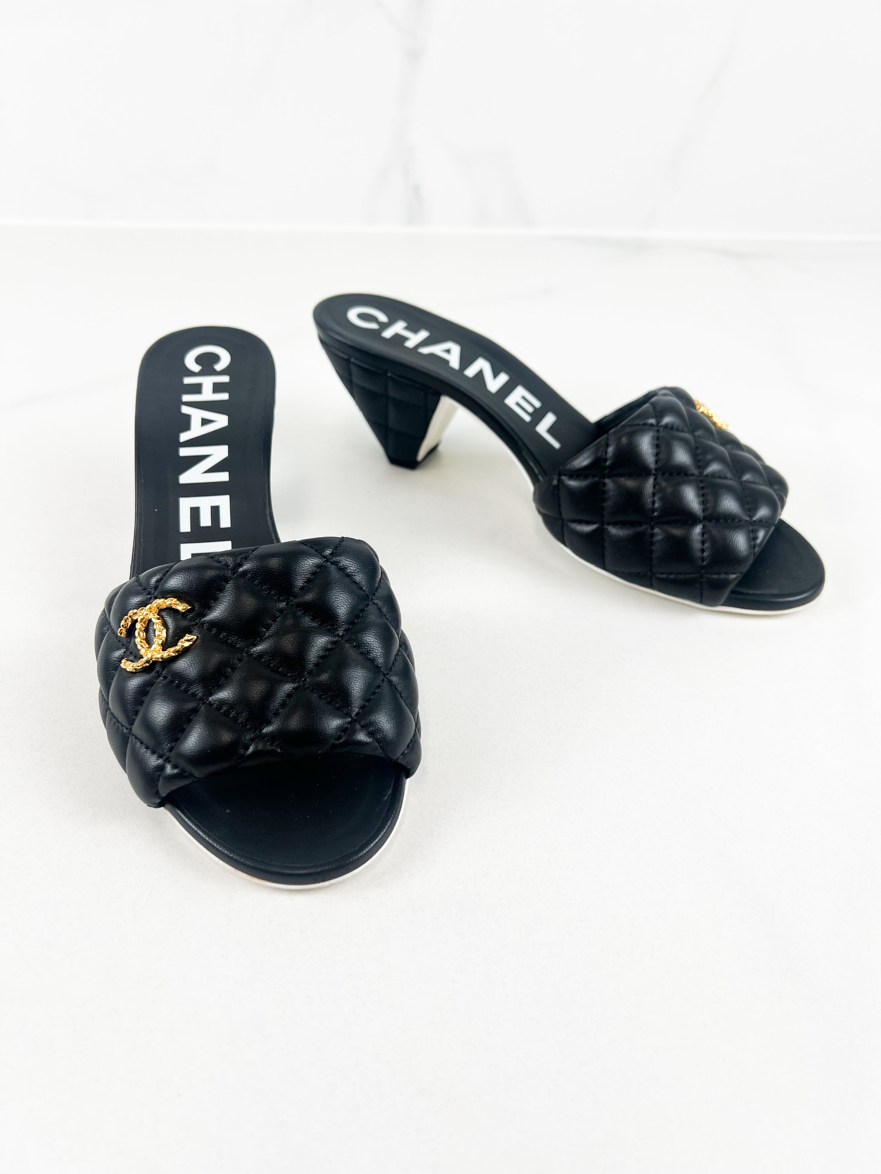 Chanel Black Lambskin Quilted Mules with Gold CC Logo