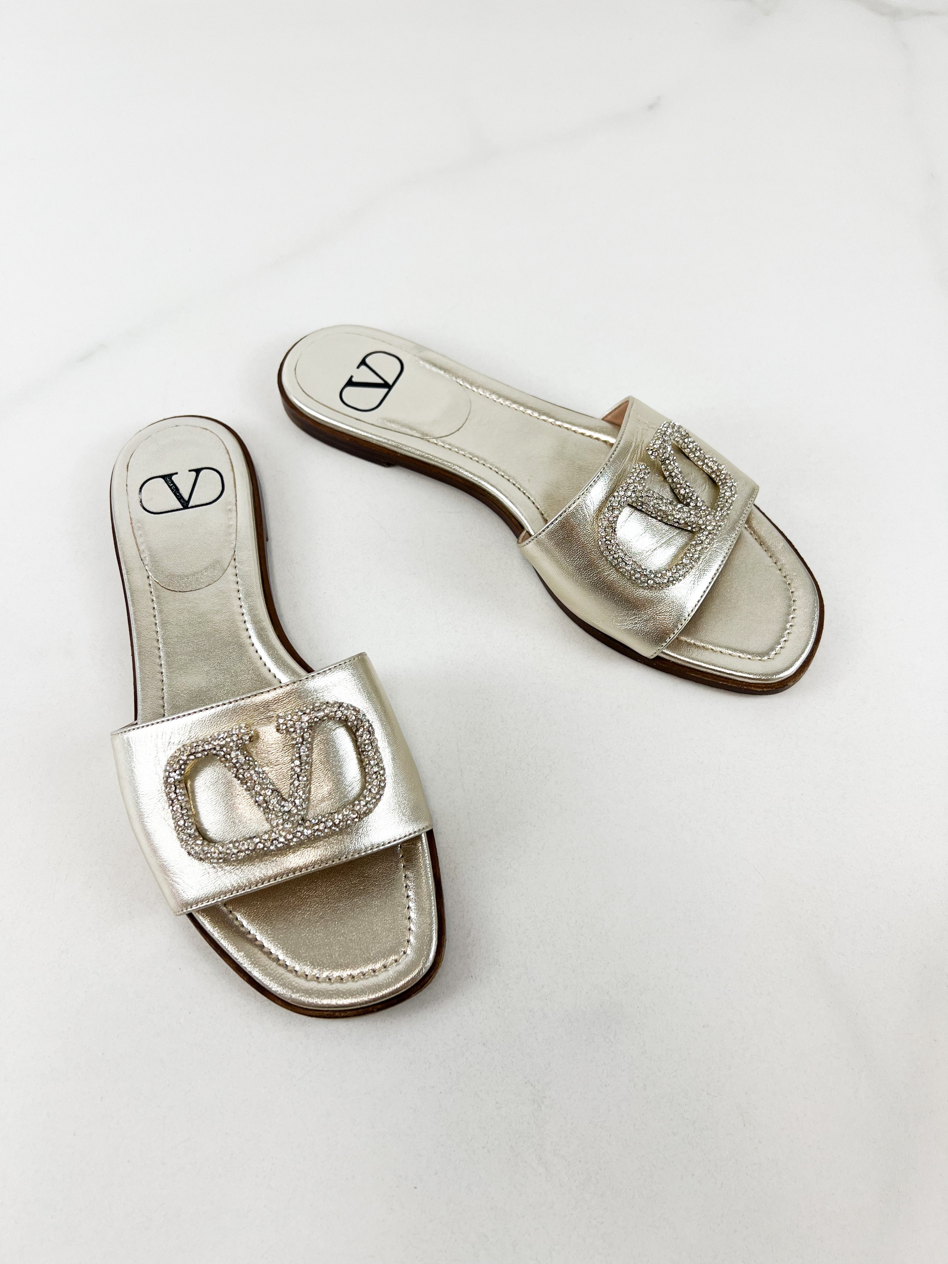 Valentino Garavani VLogo Slide in Metallic Leather Size 38
