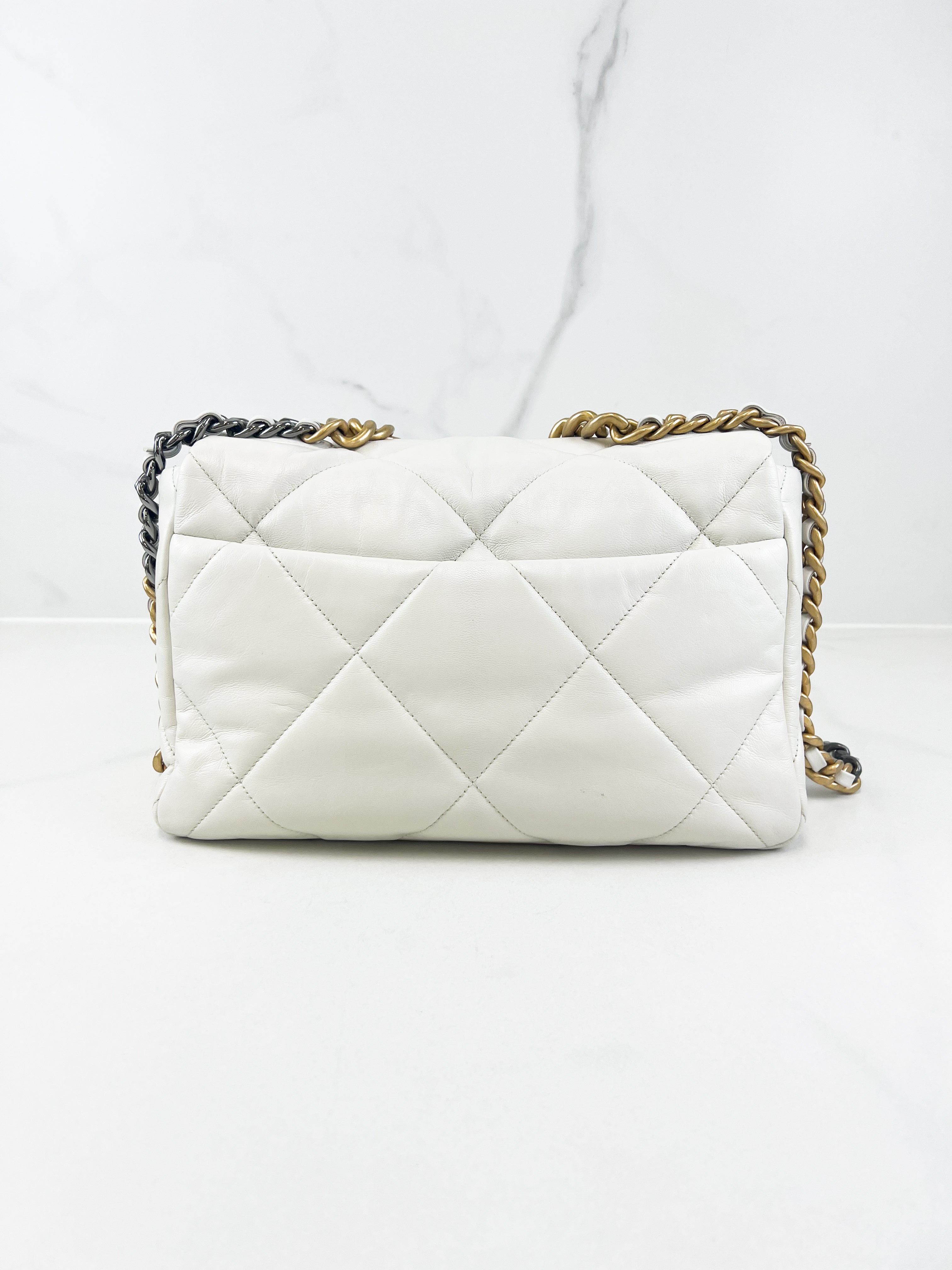 Chanel White Large Lambskin 19 with Gold & Silver Tone Hardware