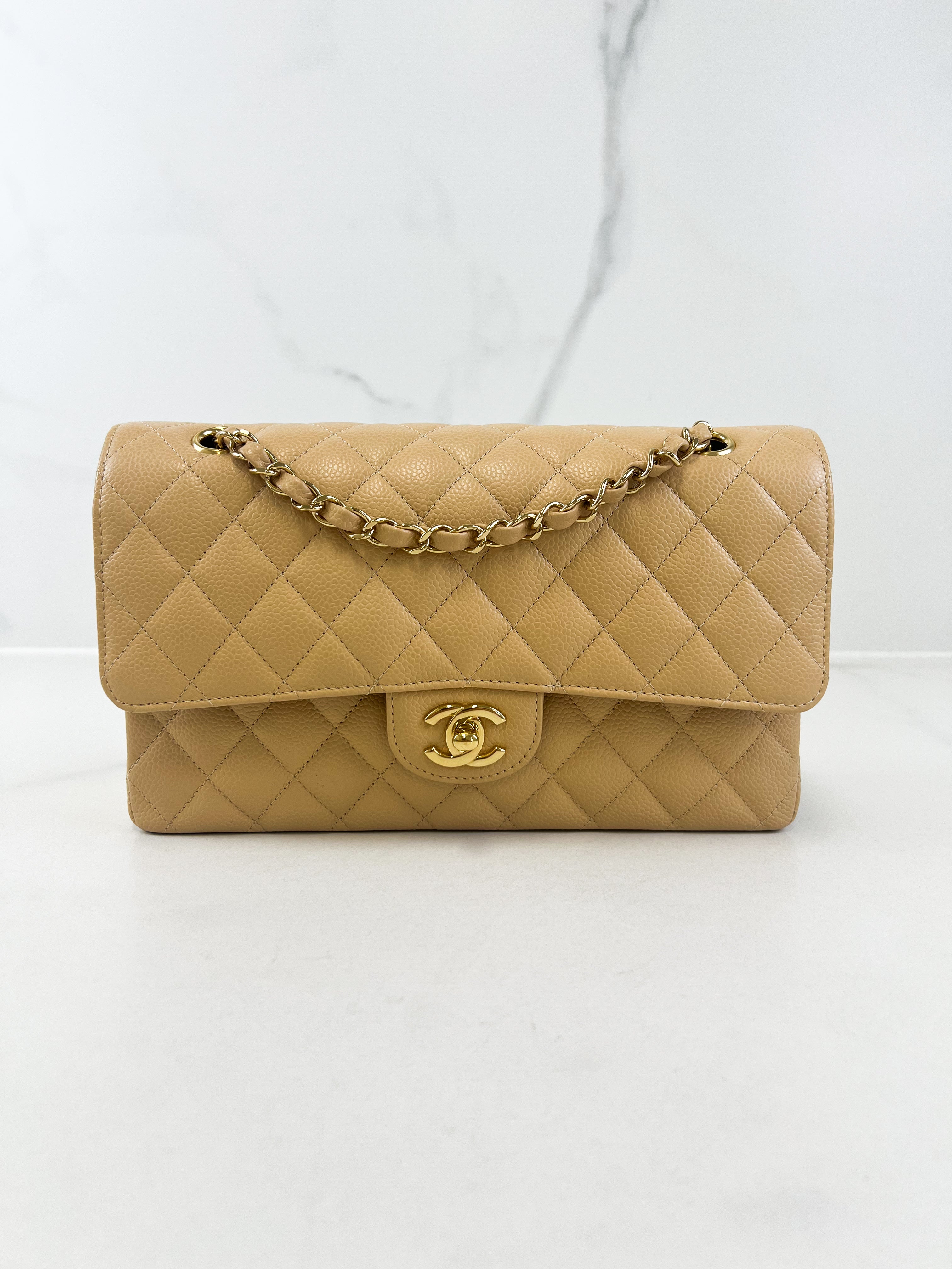 Chanel CC Medium Caviar Beige Classic Double Flap Shoulder Bag