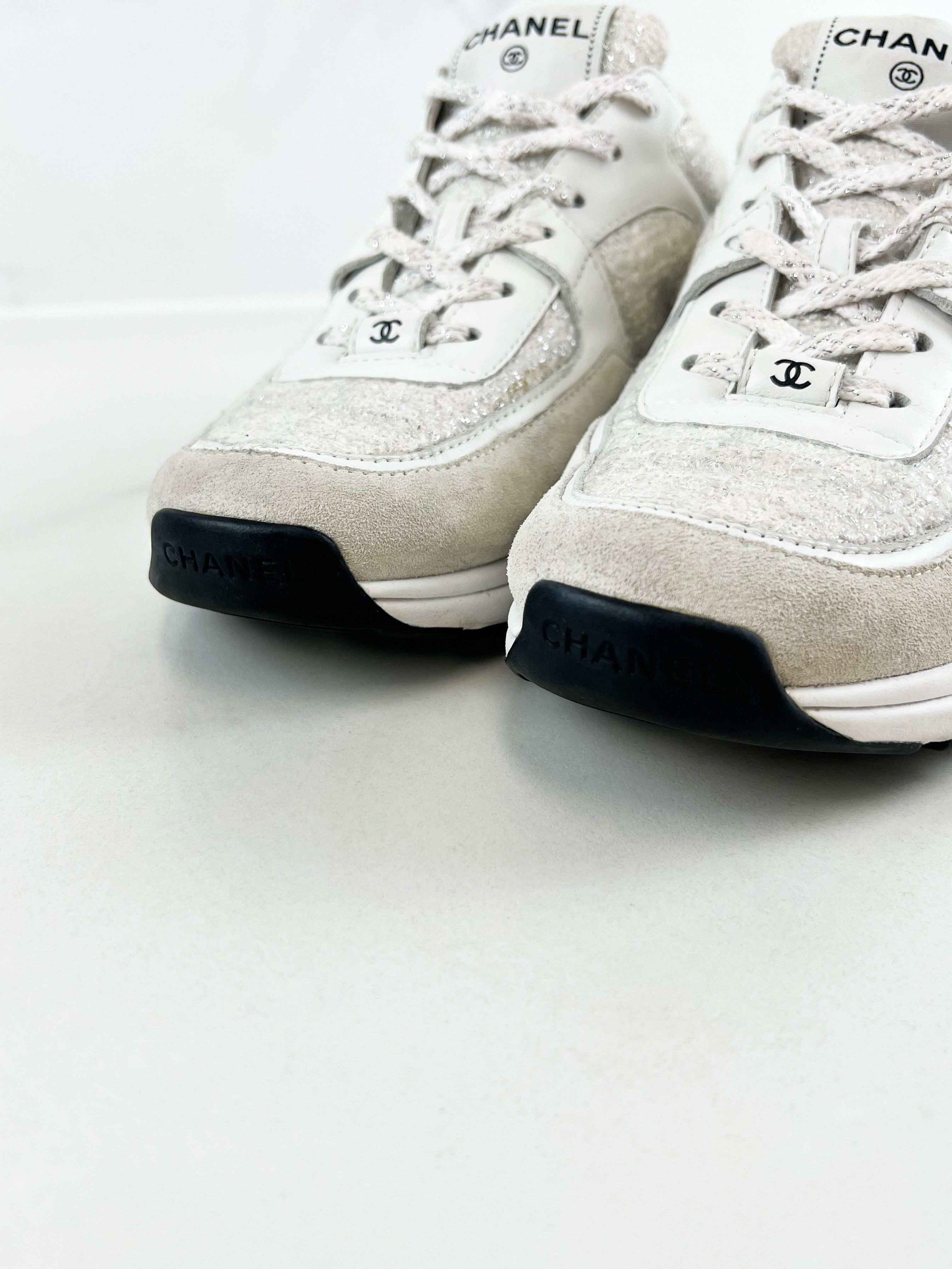 Chanel Painted Iridescent Cotton Tweed Suede CC Sneakers Size 40