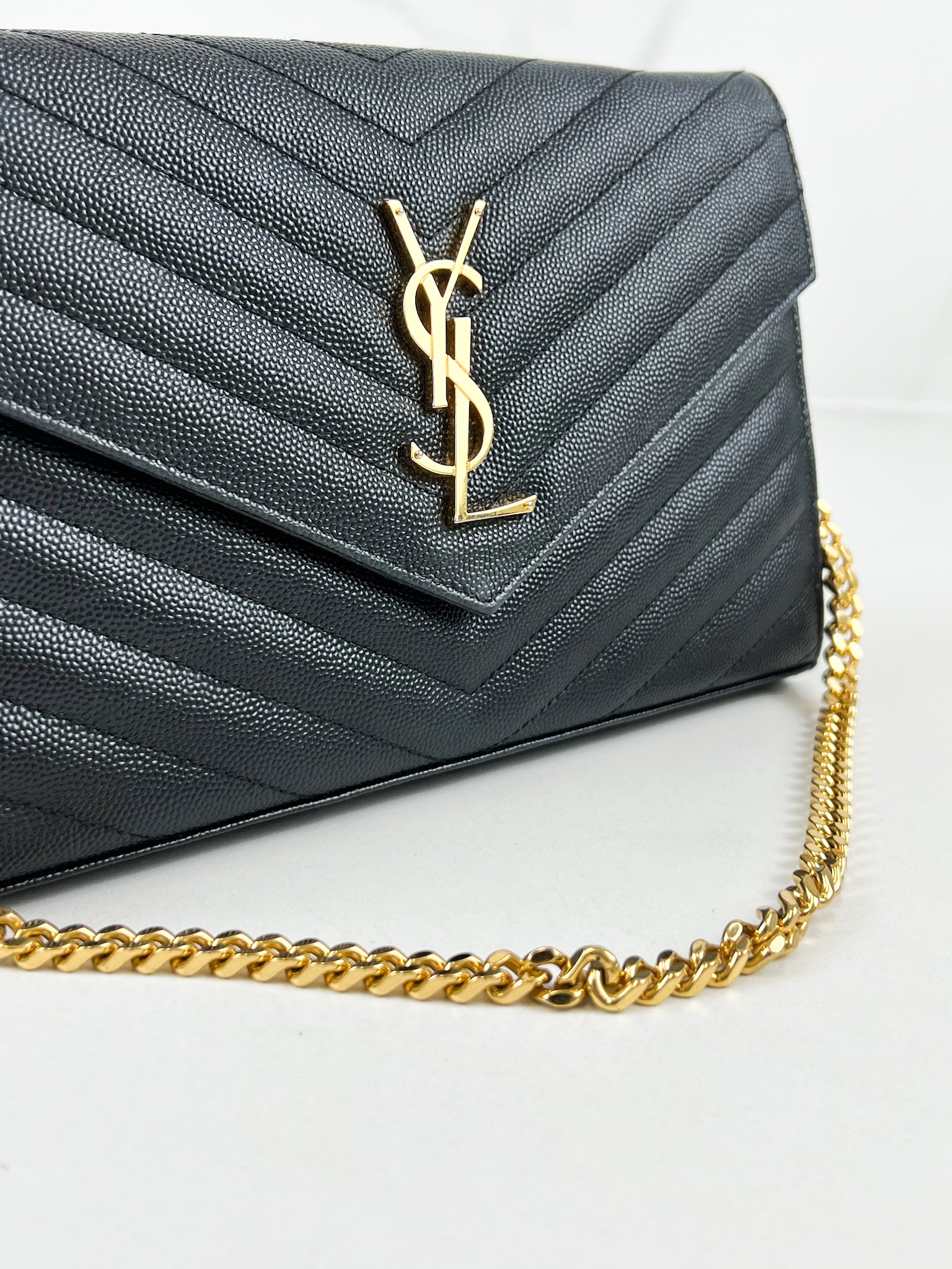 Saint Laurent Cassandre Envelope WOC in Black Grained Leather