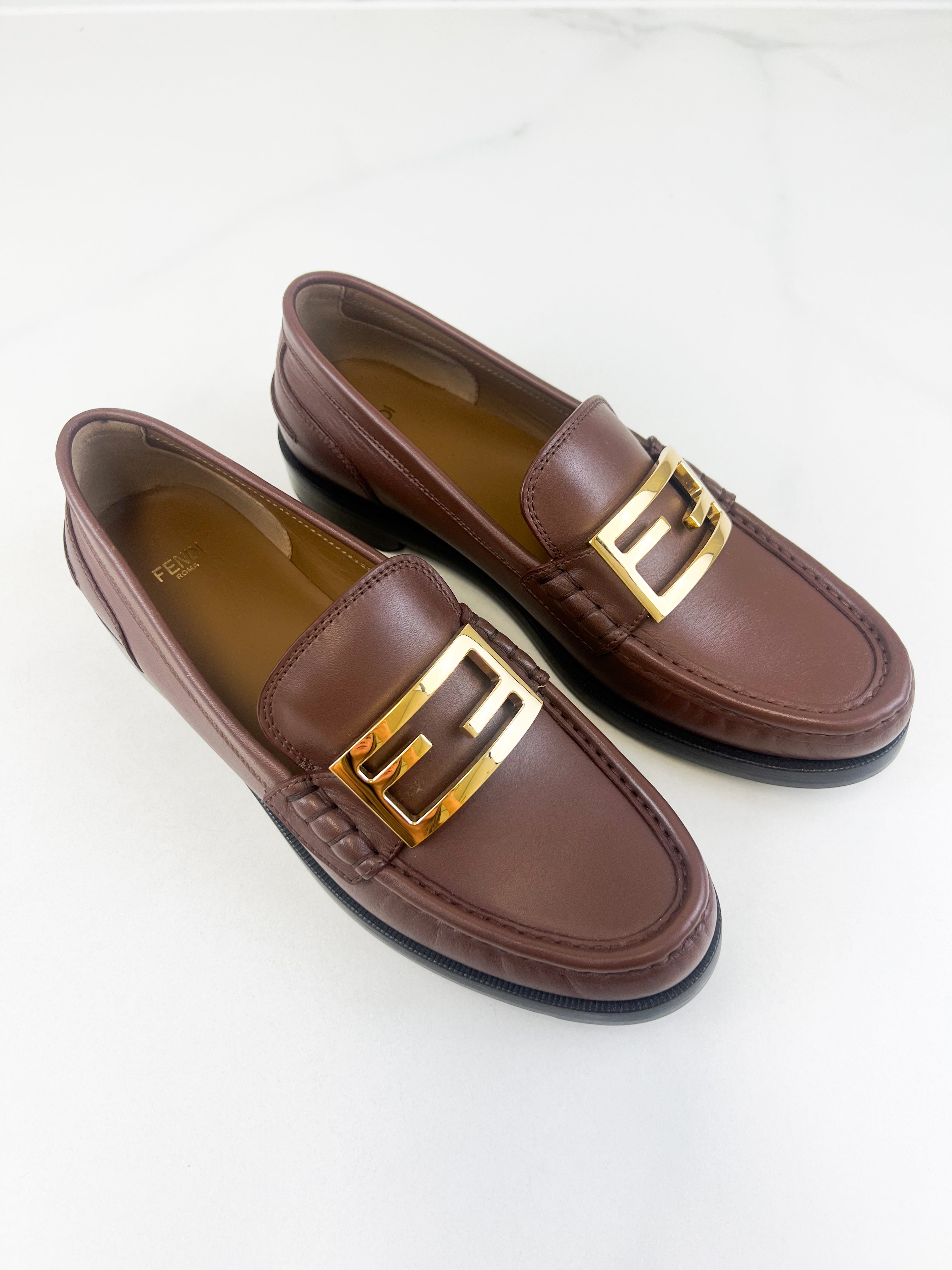 Fendi Mahogany Loafer with Gold-tone FF Plaque Size 40