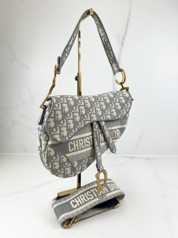 Christian Dior Medium Grey Oblique Saddle Bag with Strap