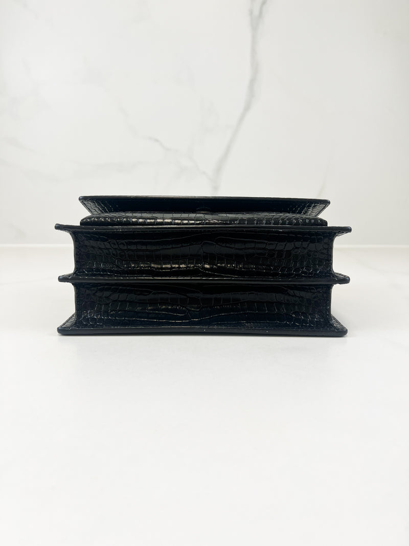 Saint Laurent Sunset Medium Black Croc Shoulder Bag with SHW