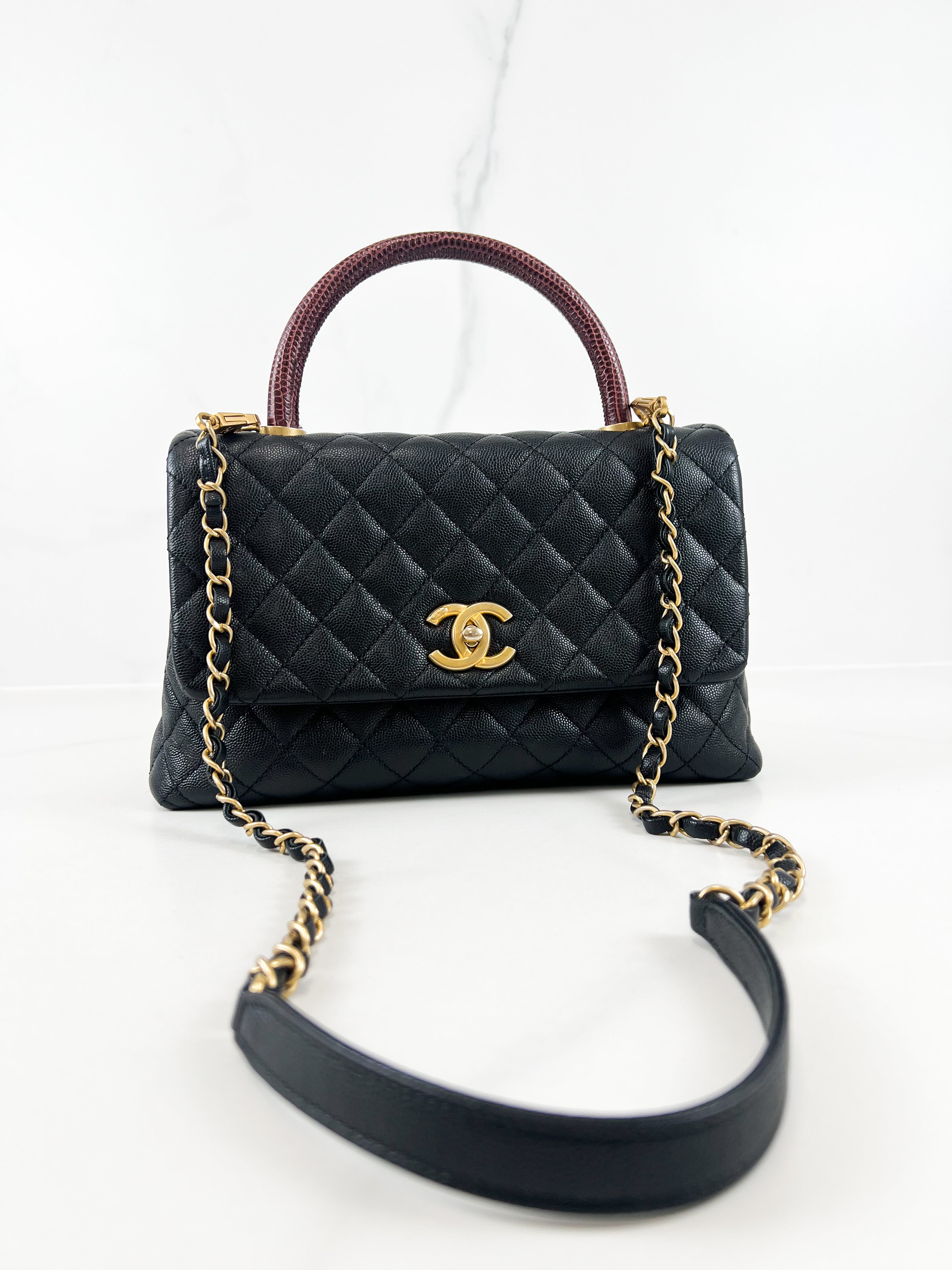 Chanel Medium Top Handle Coco in Black Caviar with Lizard Handle GHW