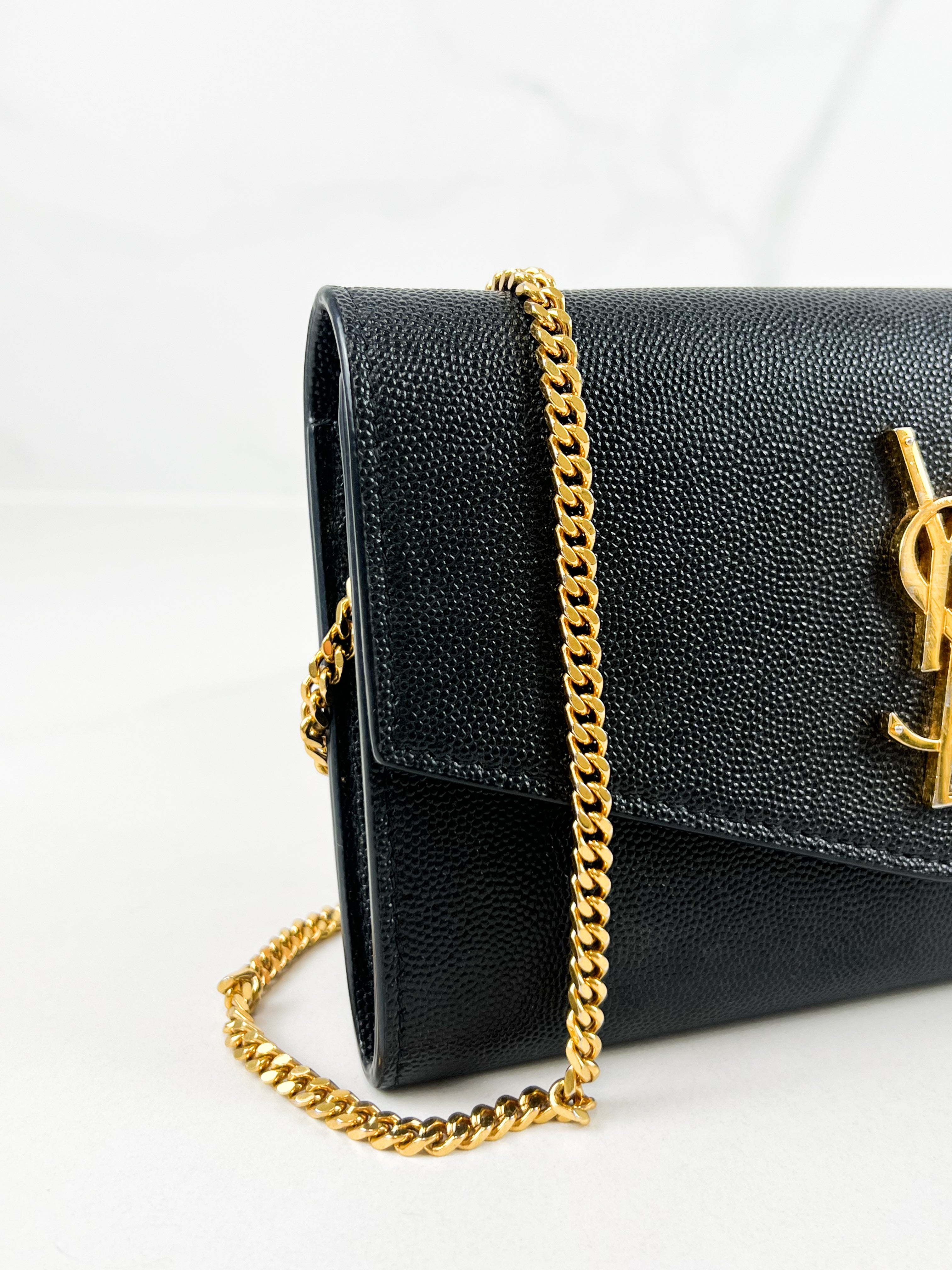 Saint Laurent Black Grained Leather Envelope Wallet on Chain with GHW
