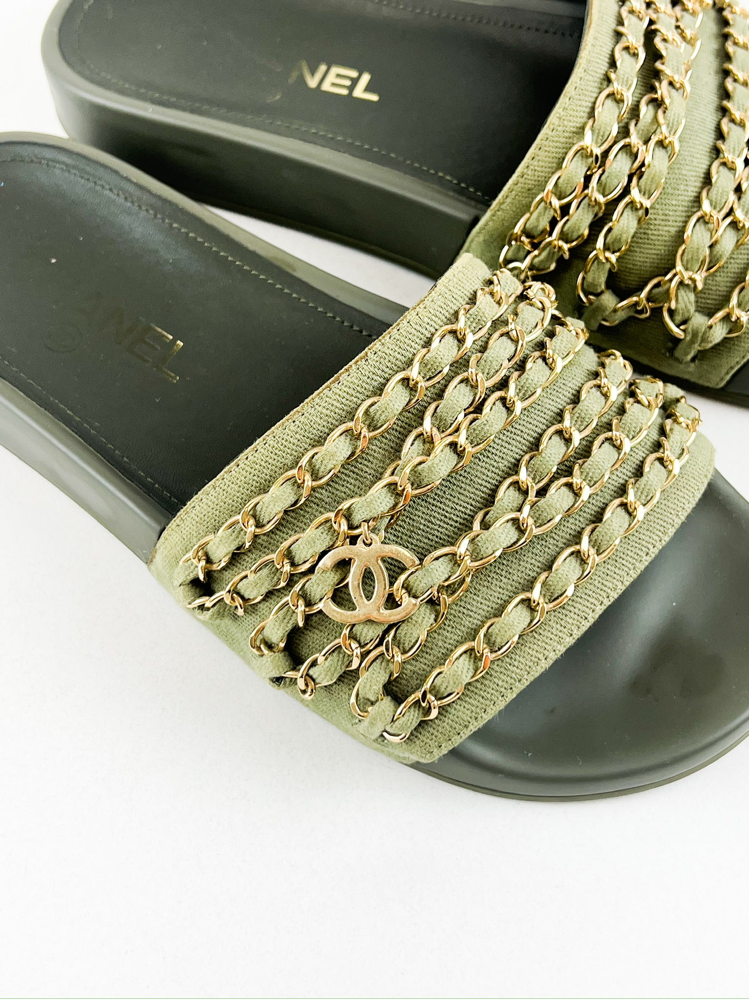 Chanel Khaki Tropiconic Chain Slides Size 37