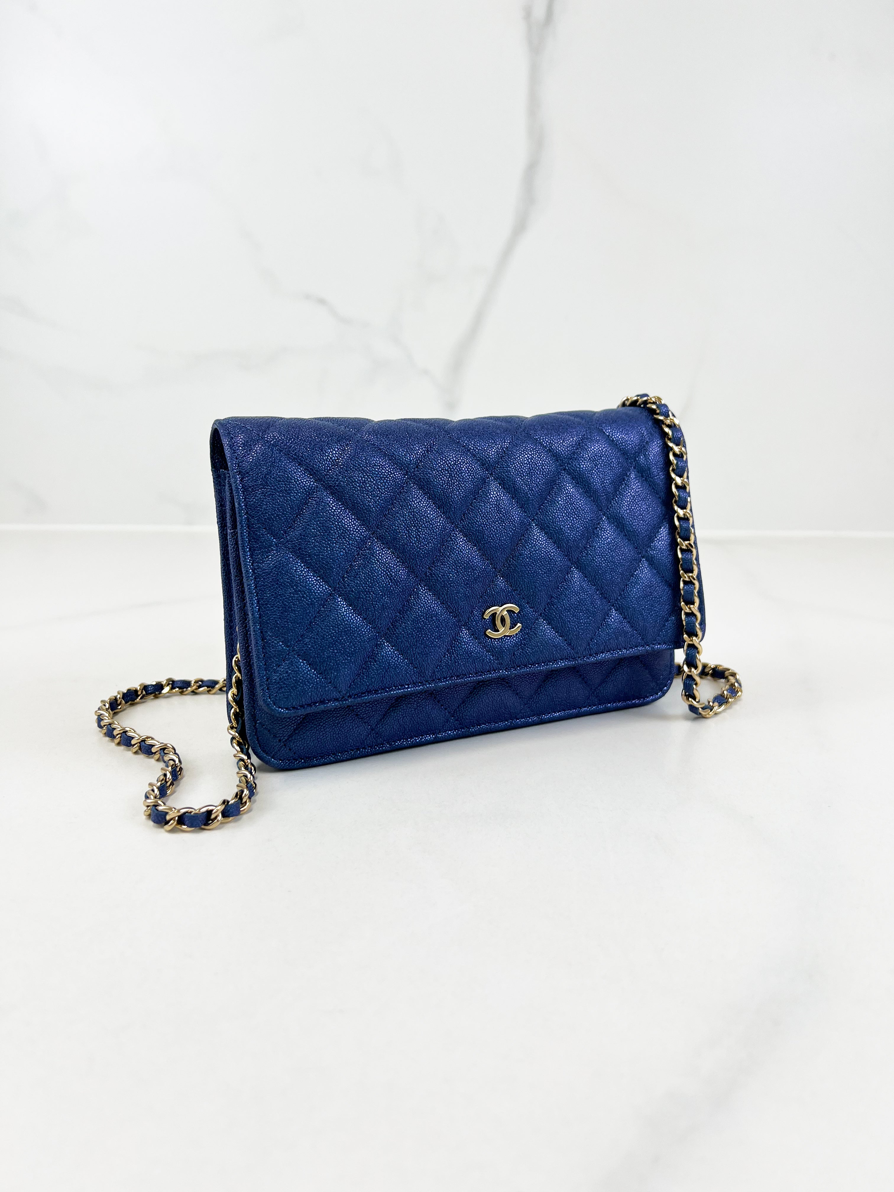Chanel Metallic Blue Caviar Wallet on Chain with GHW