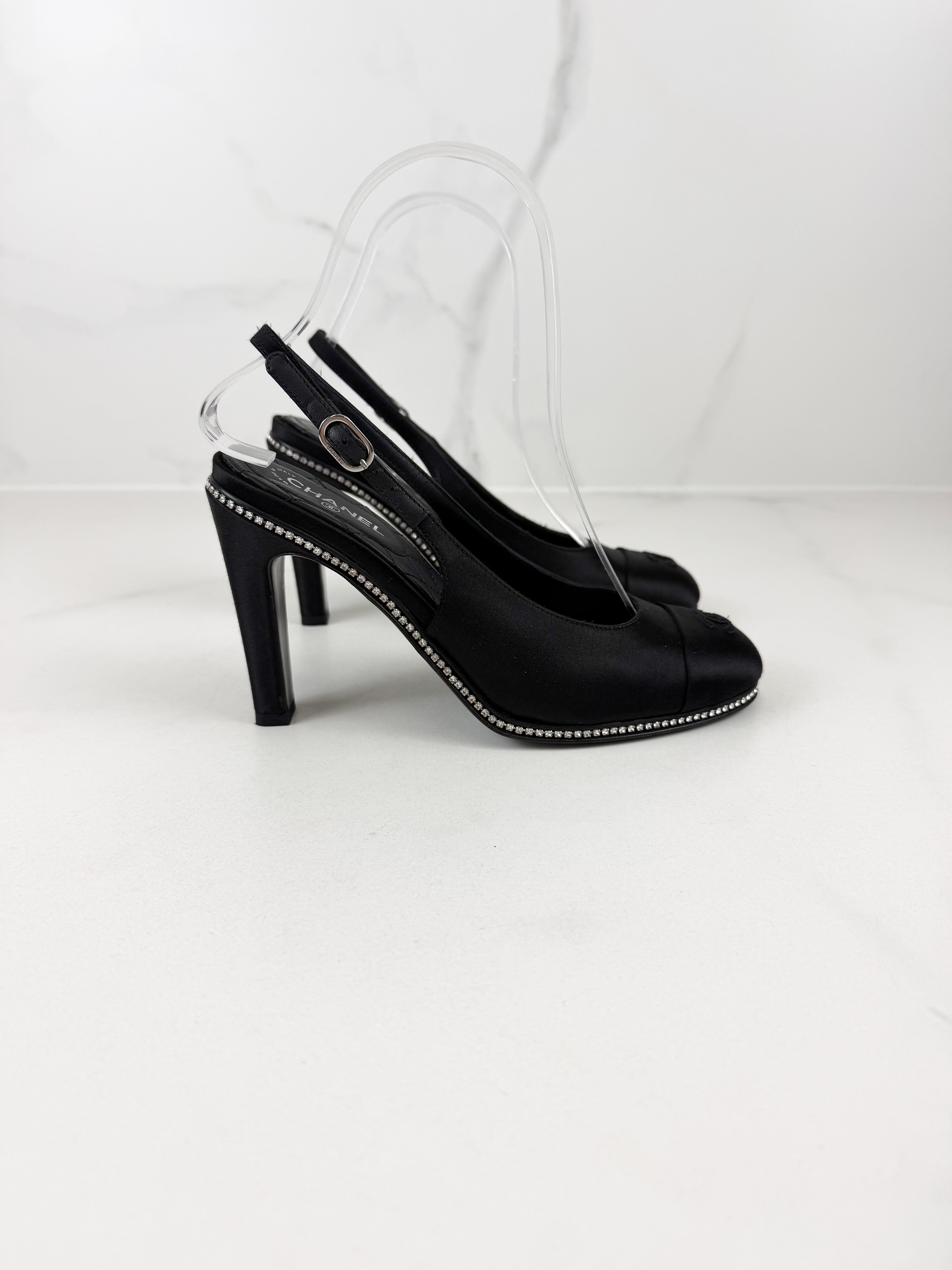 Chanel CC Logo Black Satin Slingback Pumps with Rhinestone Trim Size 36C