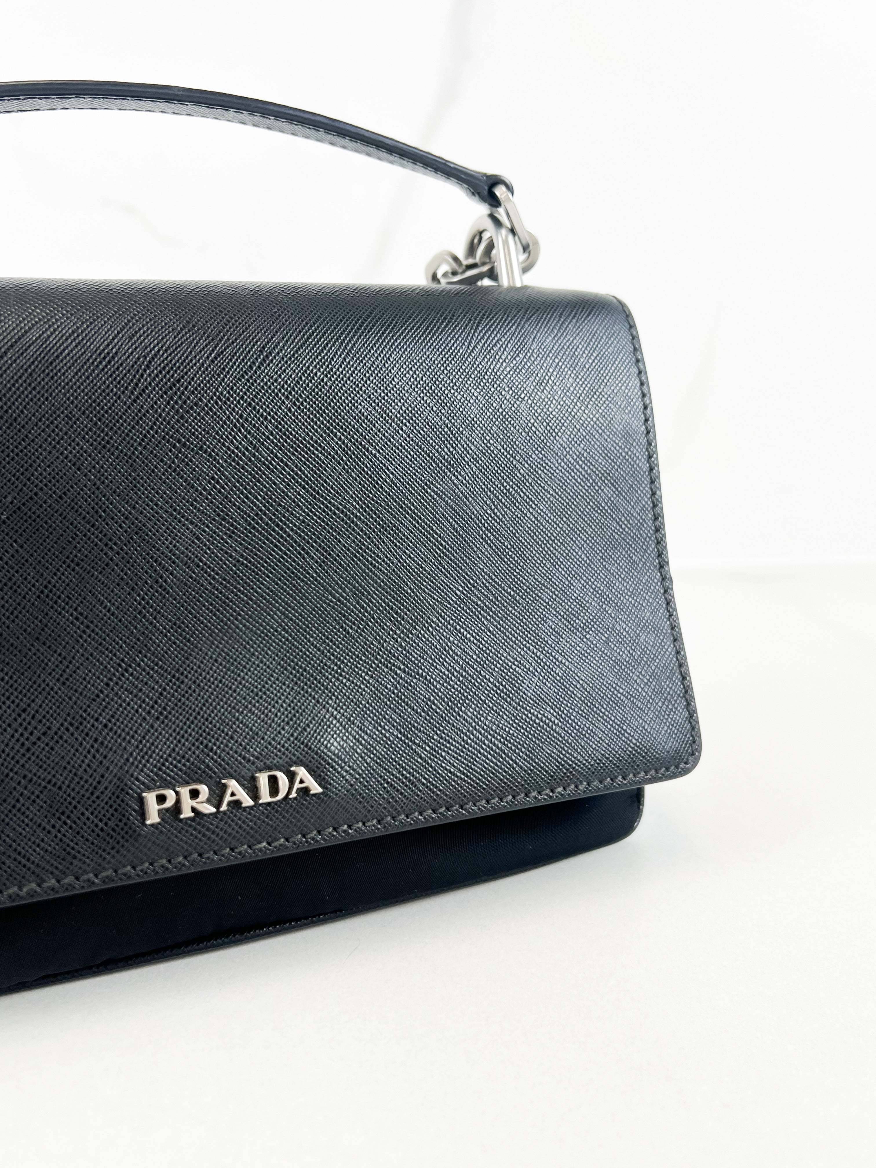 Prada Black Saffiano Leather/ Nylon Medium Chain Shoulder Bag