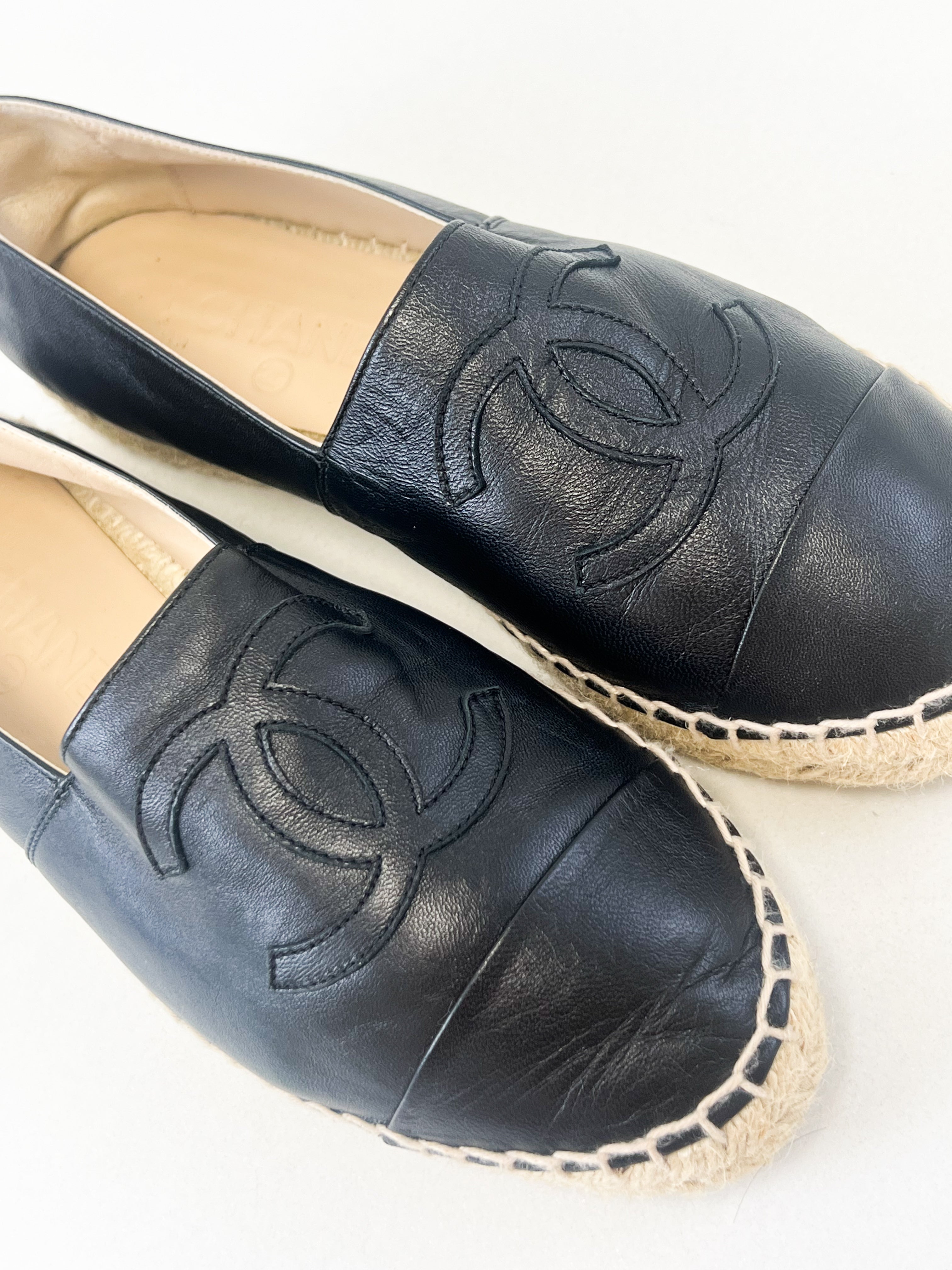 Chanel CC Logo Black Leather Espadrilles Size 37