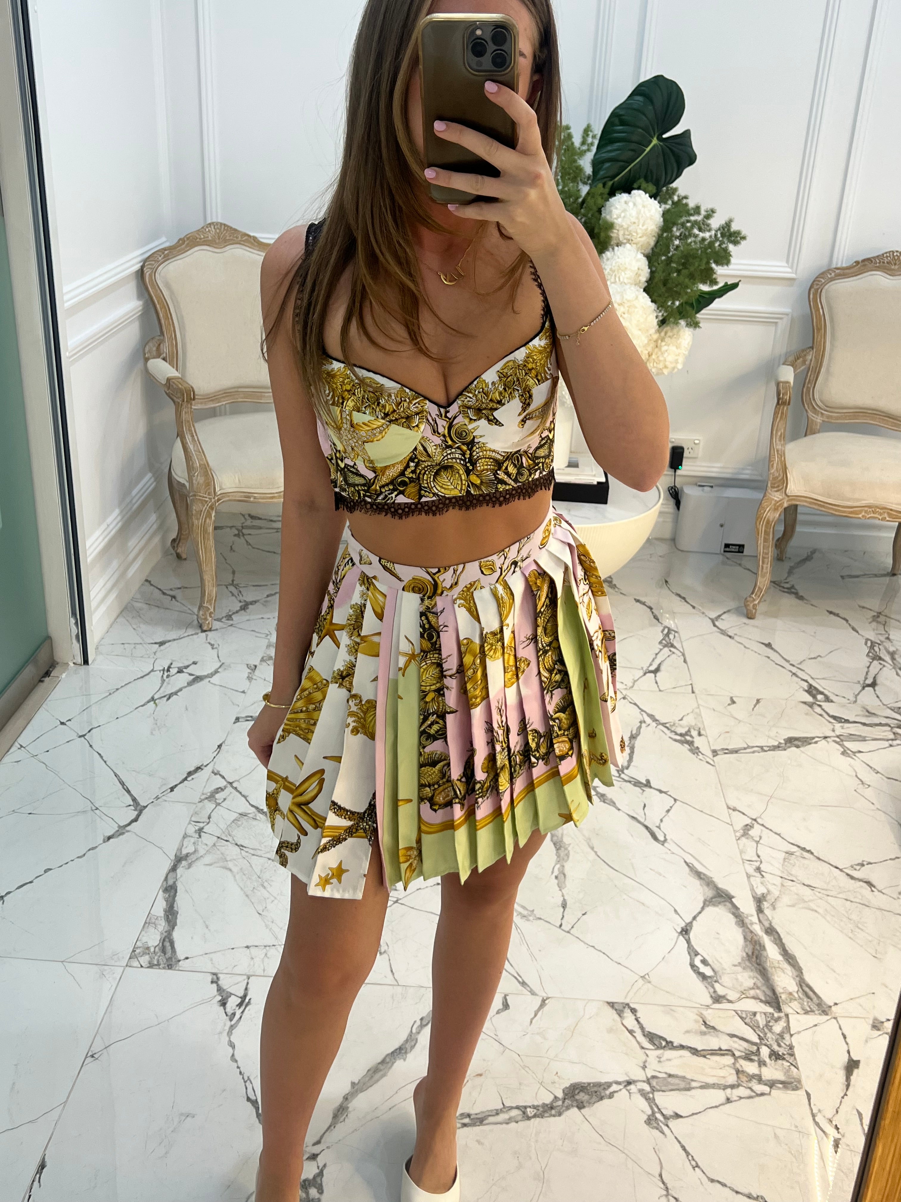 Versace Pleated Printed Silk Twill Mini Skirt & Bustier Set