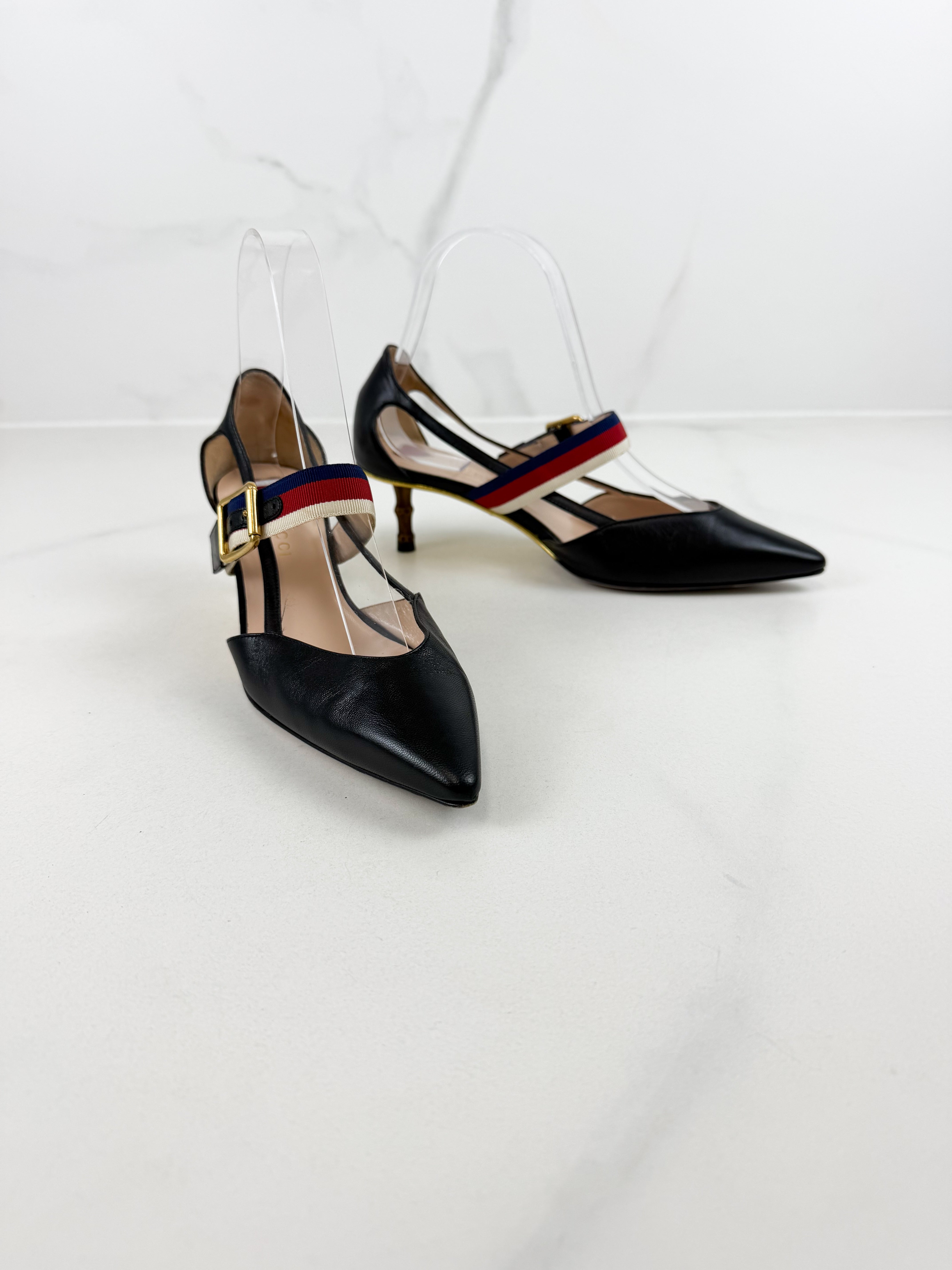 Gucci Unia Pump in Black with Bamboo Kitten Heel Size 35.5