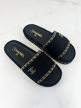Chanel Black/Gold Woven Slides Size 38