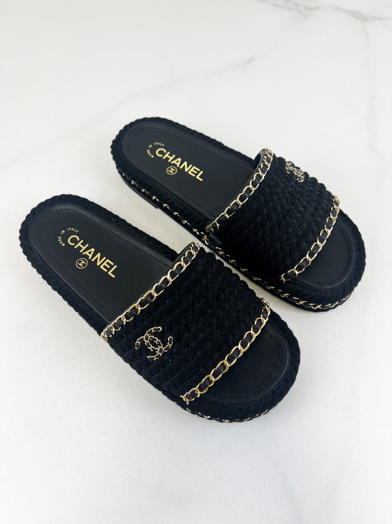 Chanel Black/Gold Woven Slides Size 38