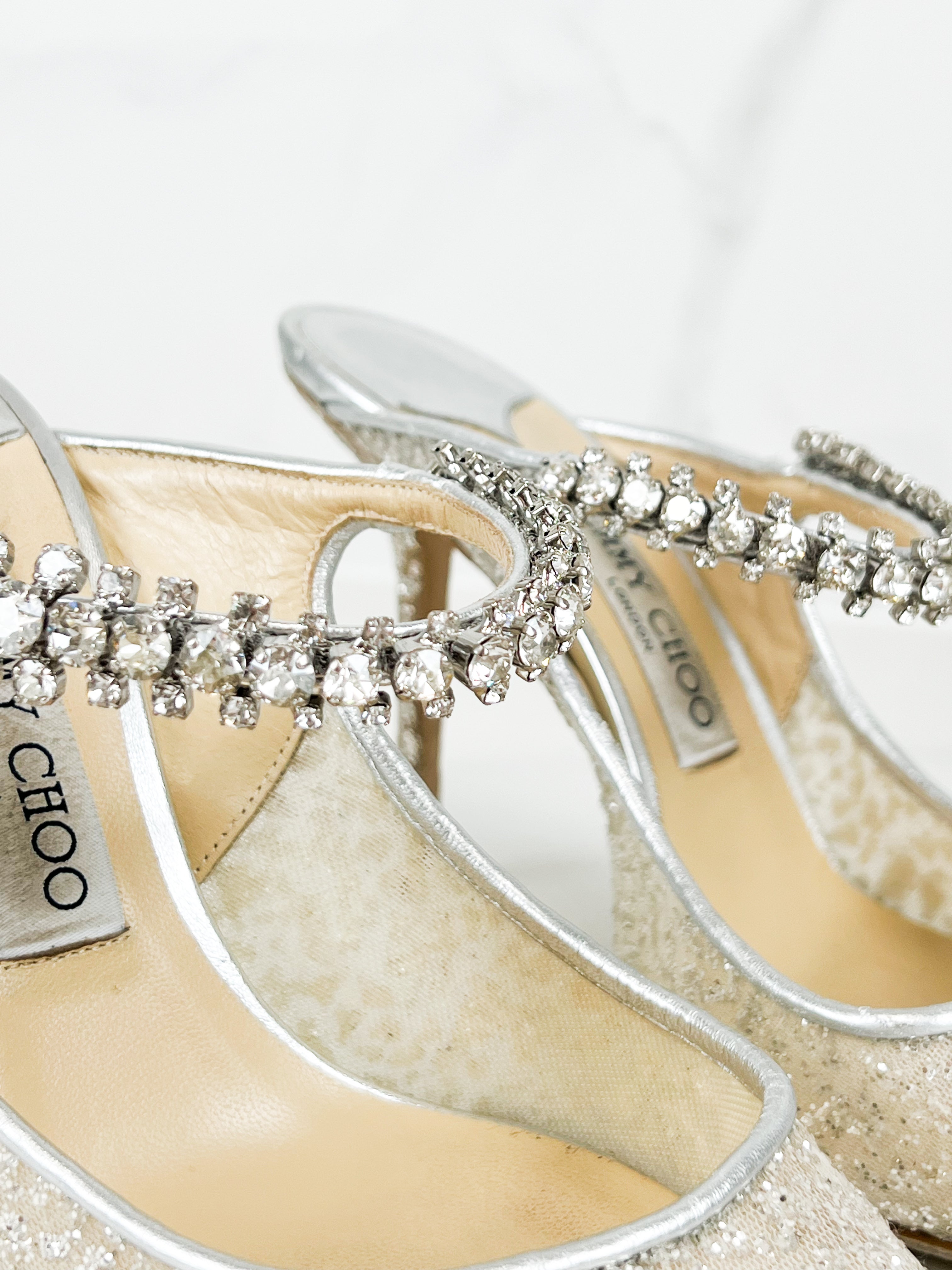 Jimmy Choo Bing Silver Glitter Fabric Mule Size 39