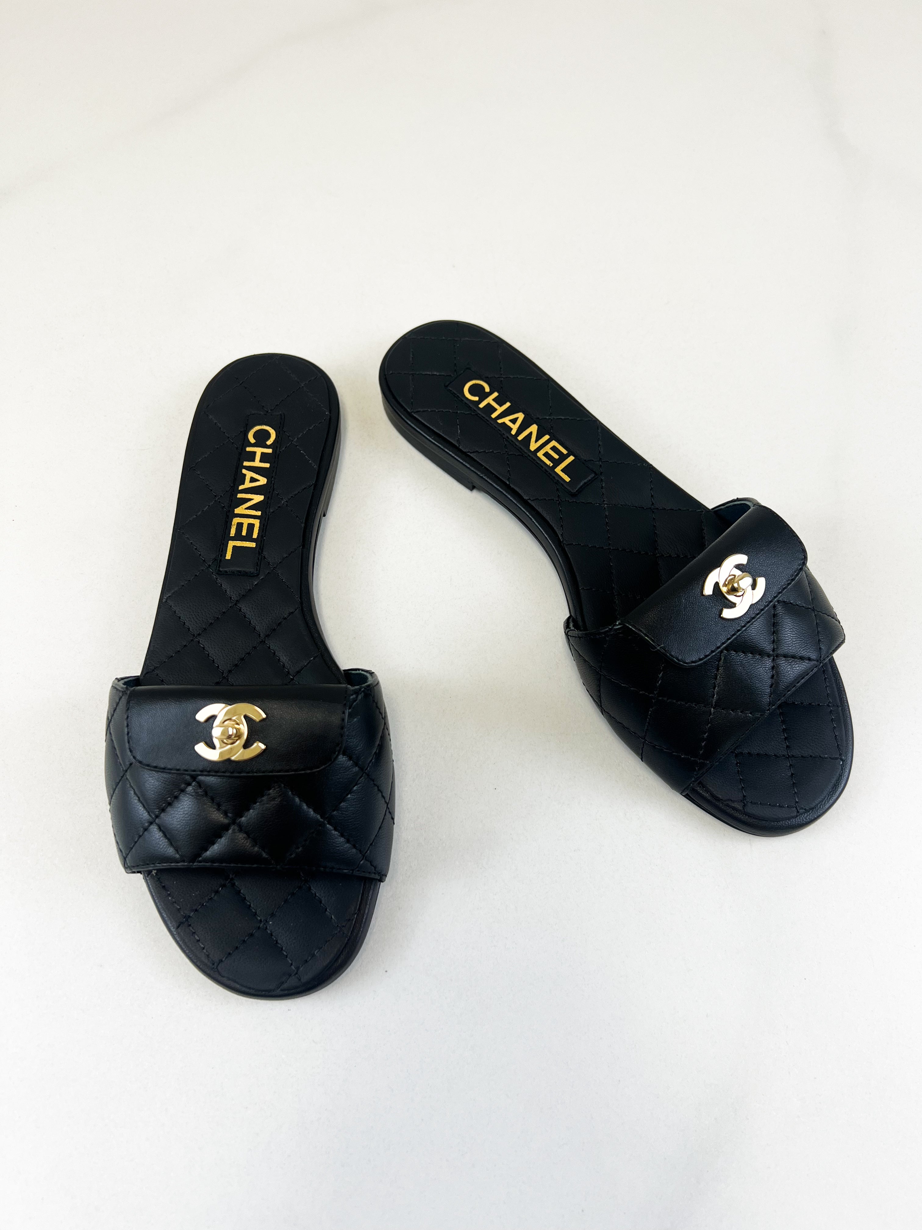 Chanel Black Quilted Leather Slides Size 36C