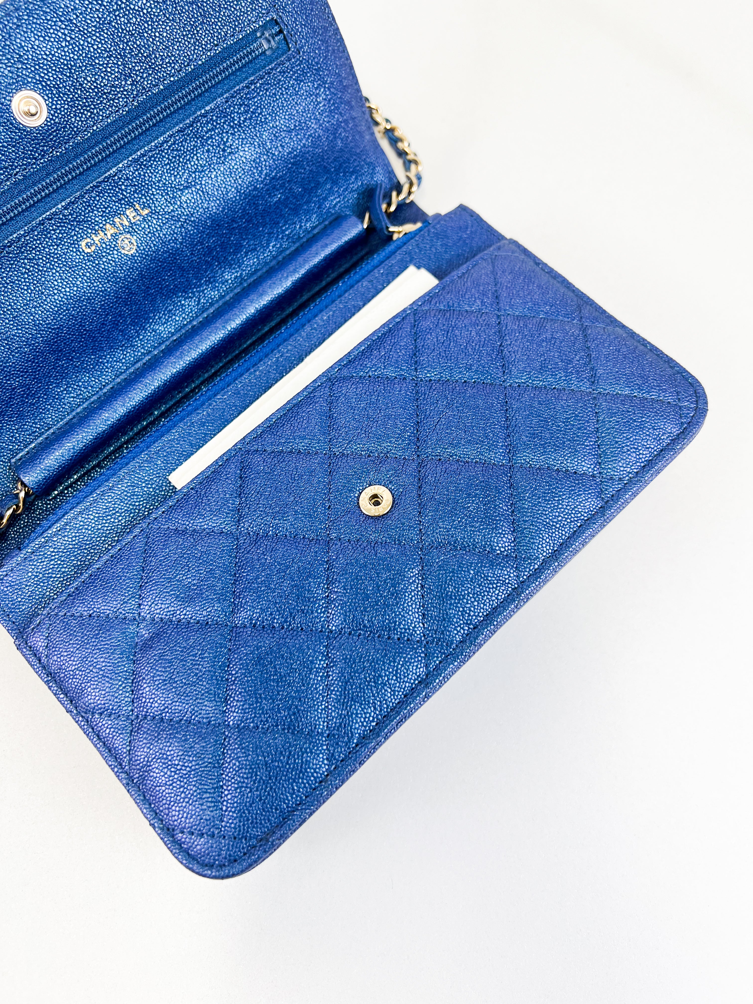 Chanel Metallic Blue Caviar Wallet on Chain with GHW