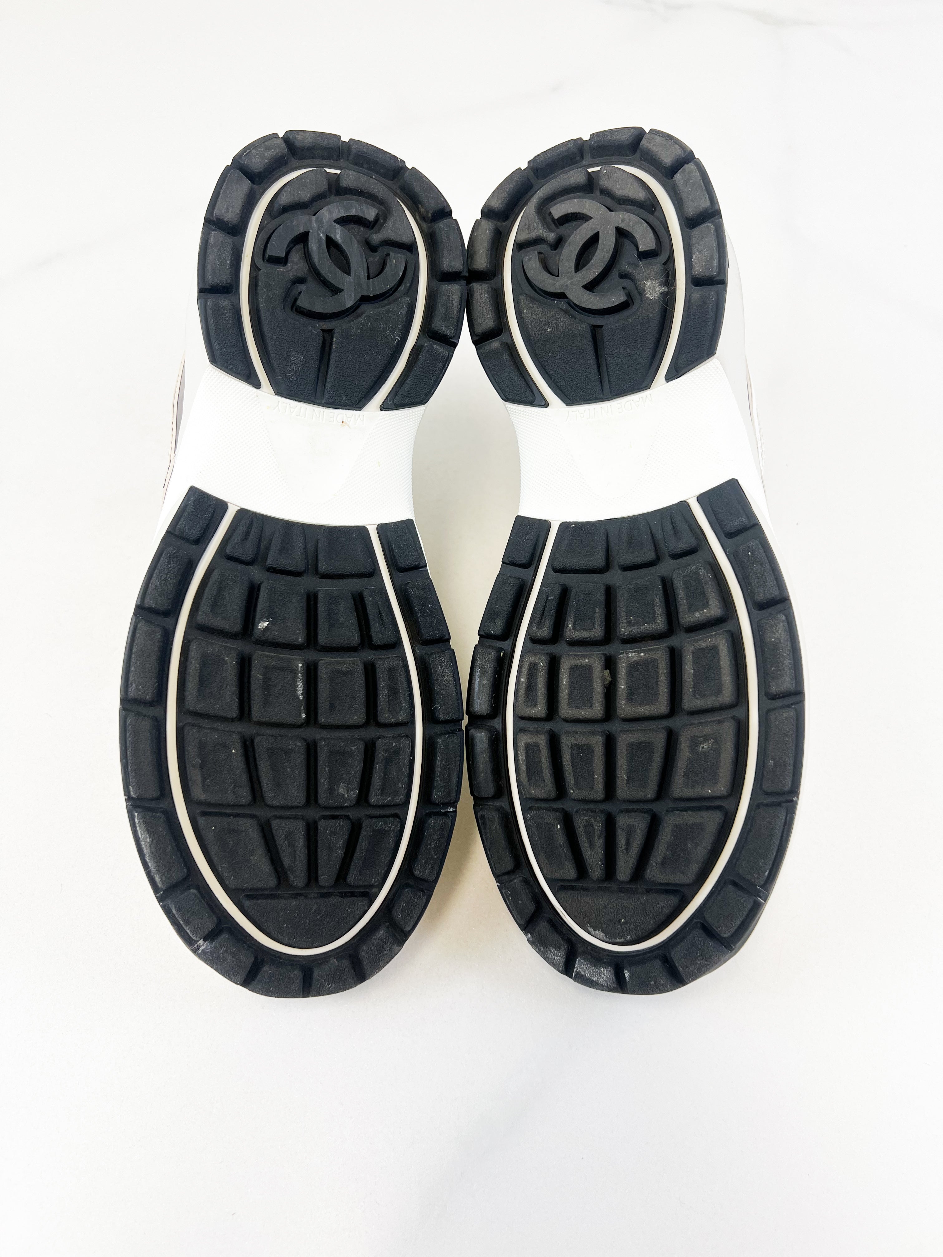 Chanel Laminated Leather and Fabric CC Low Top Sneakers In Ivory, White & Silver Size 39.5