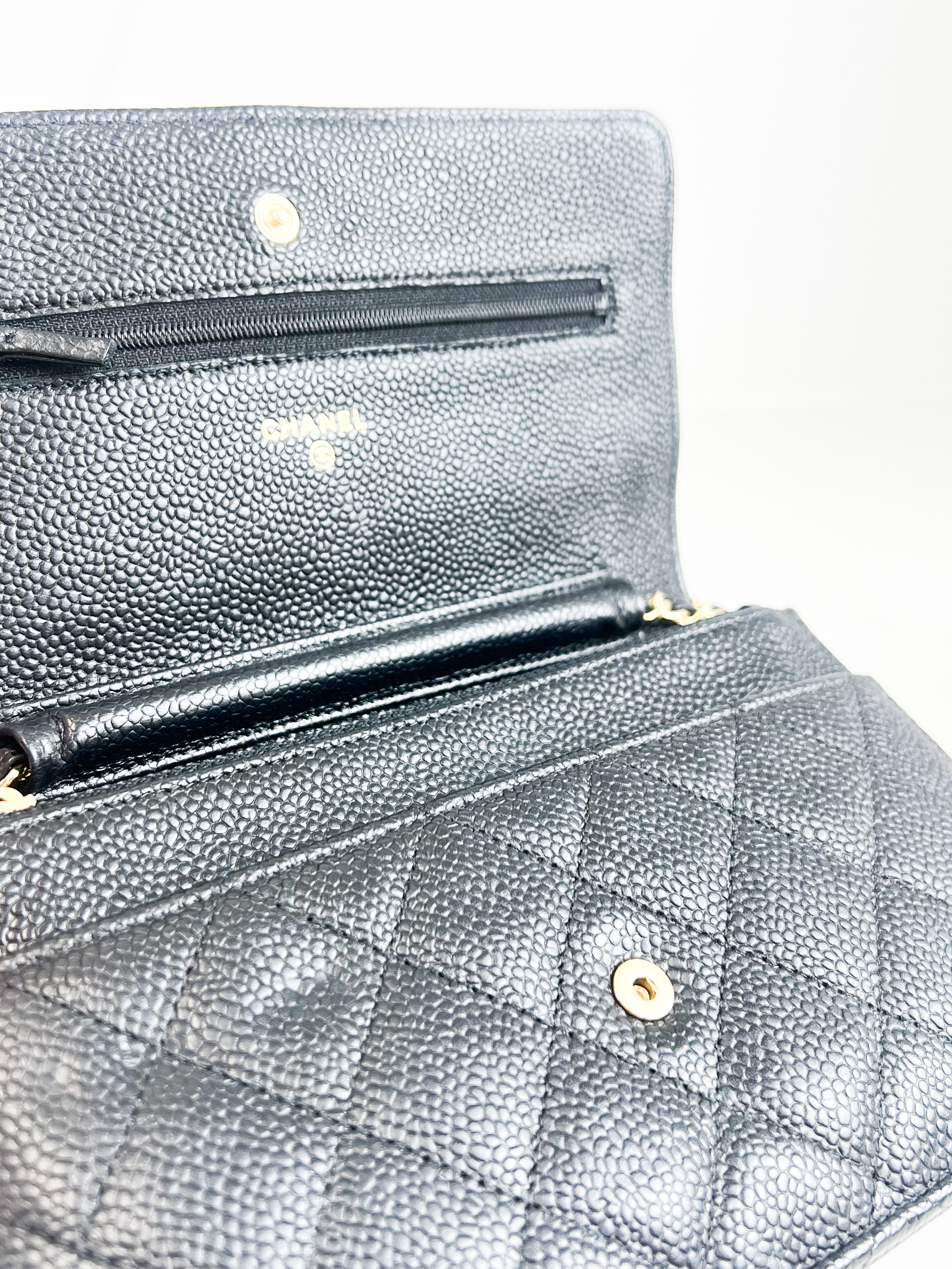 Chanel Black Caviar CC Classic Wallet On Chain GHW