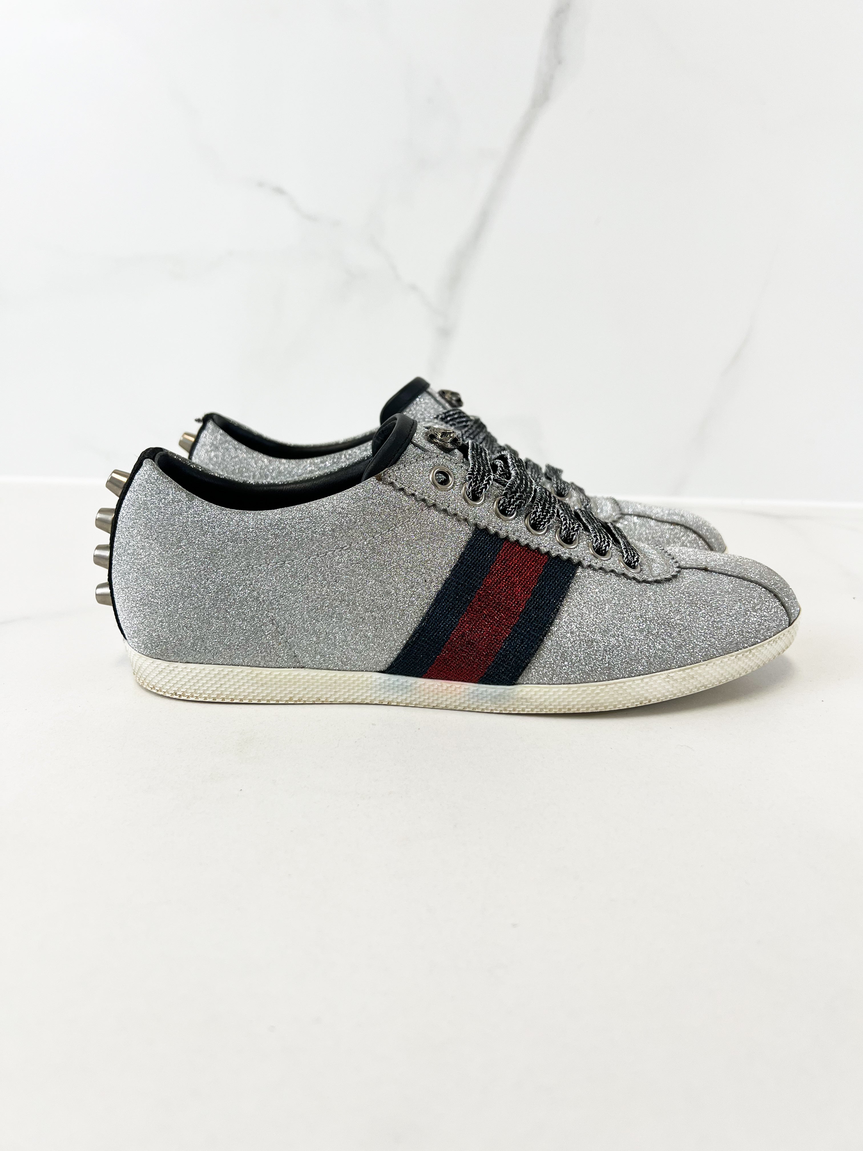 Gucci Bambi Silver Glitter GG Web Sneaker Size 37.5