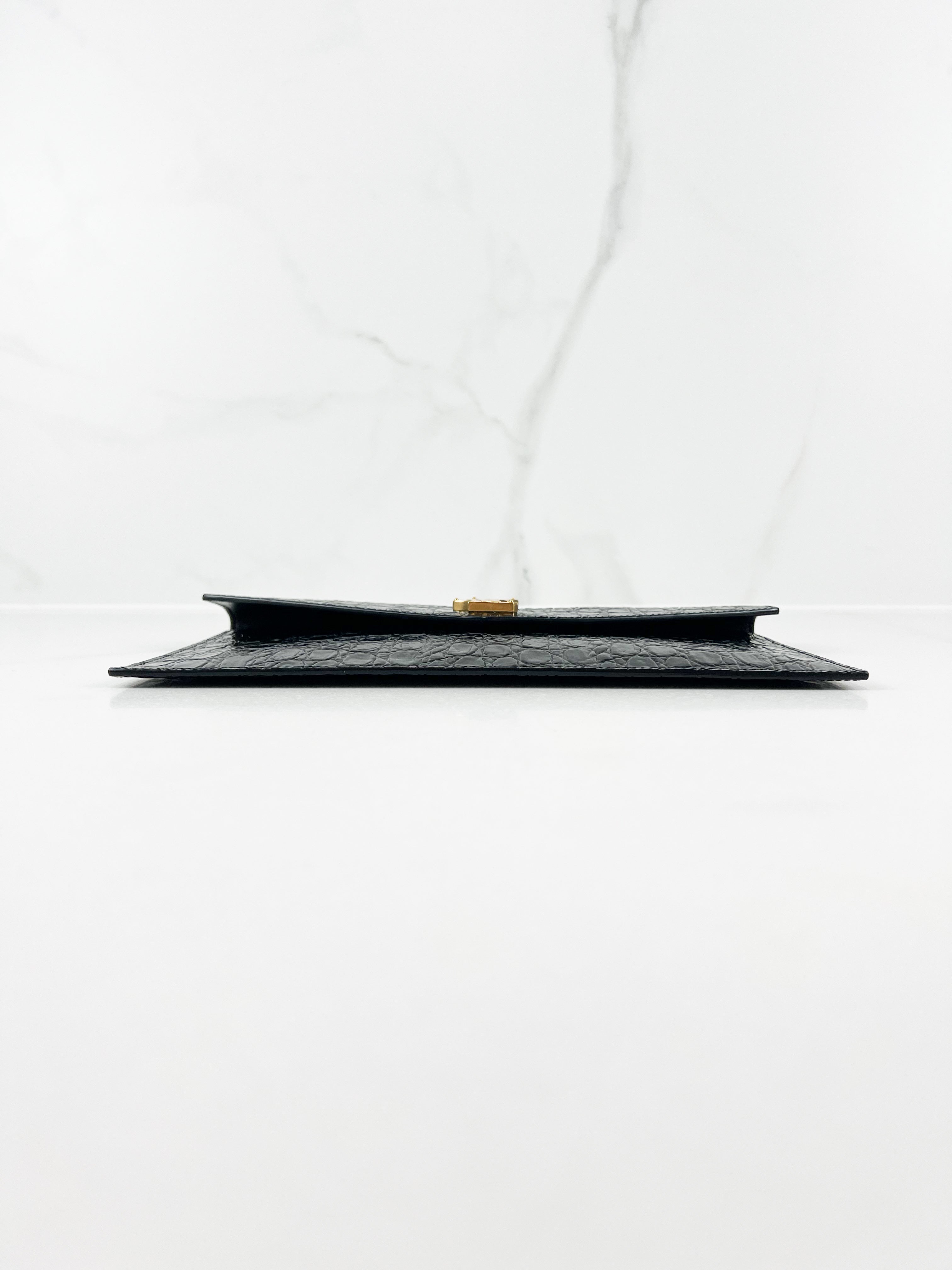 Saint Laurent Black Croc Uptown Envelope Clutch