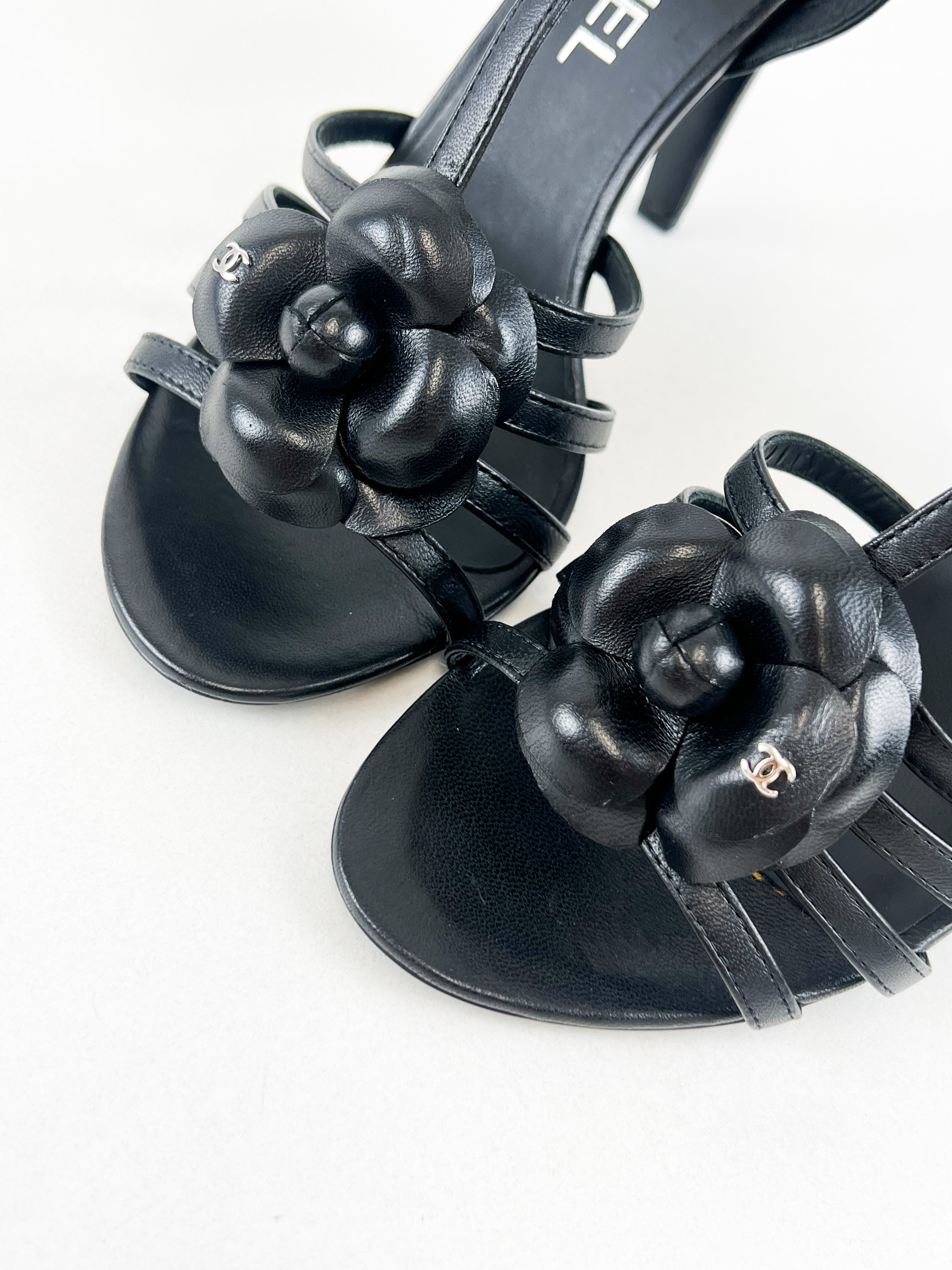 Chanel CC Black Leather Camellia Strappy Sandal