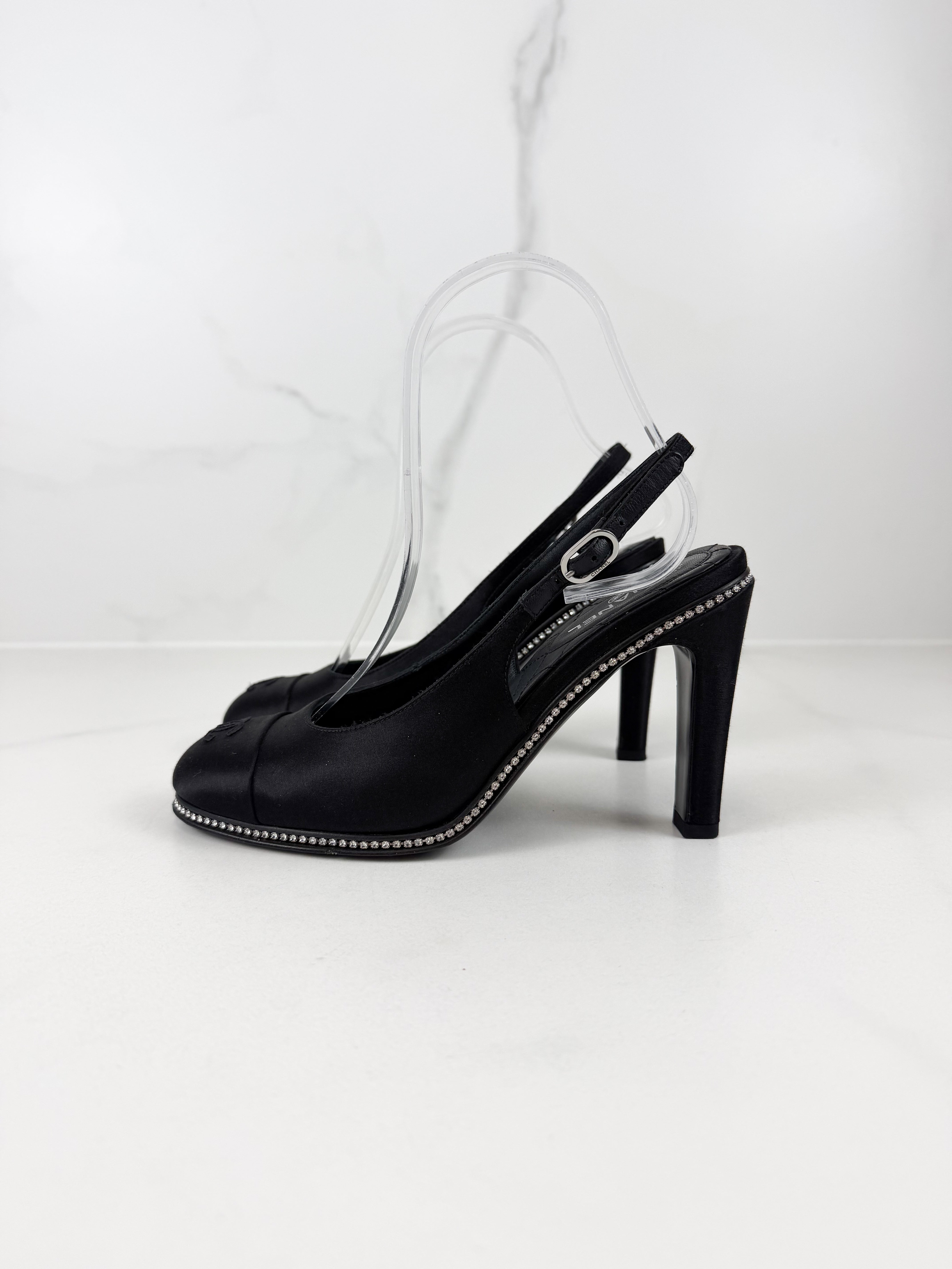 Chanel CC Logo Black Satin Slingback Pumps with Rhinestone Trim Size 36C