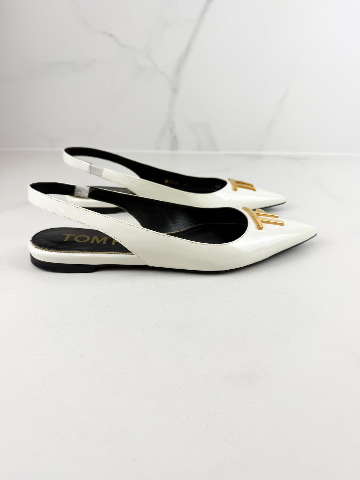 Tom Ford Patent White Slingback Flats with GHW Size 37