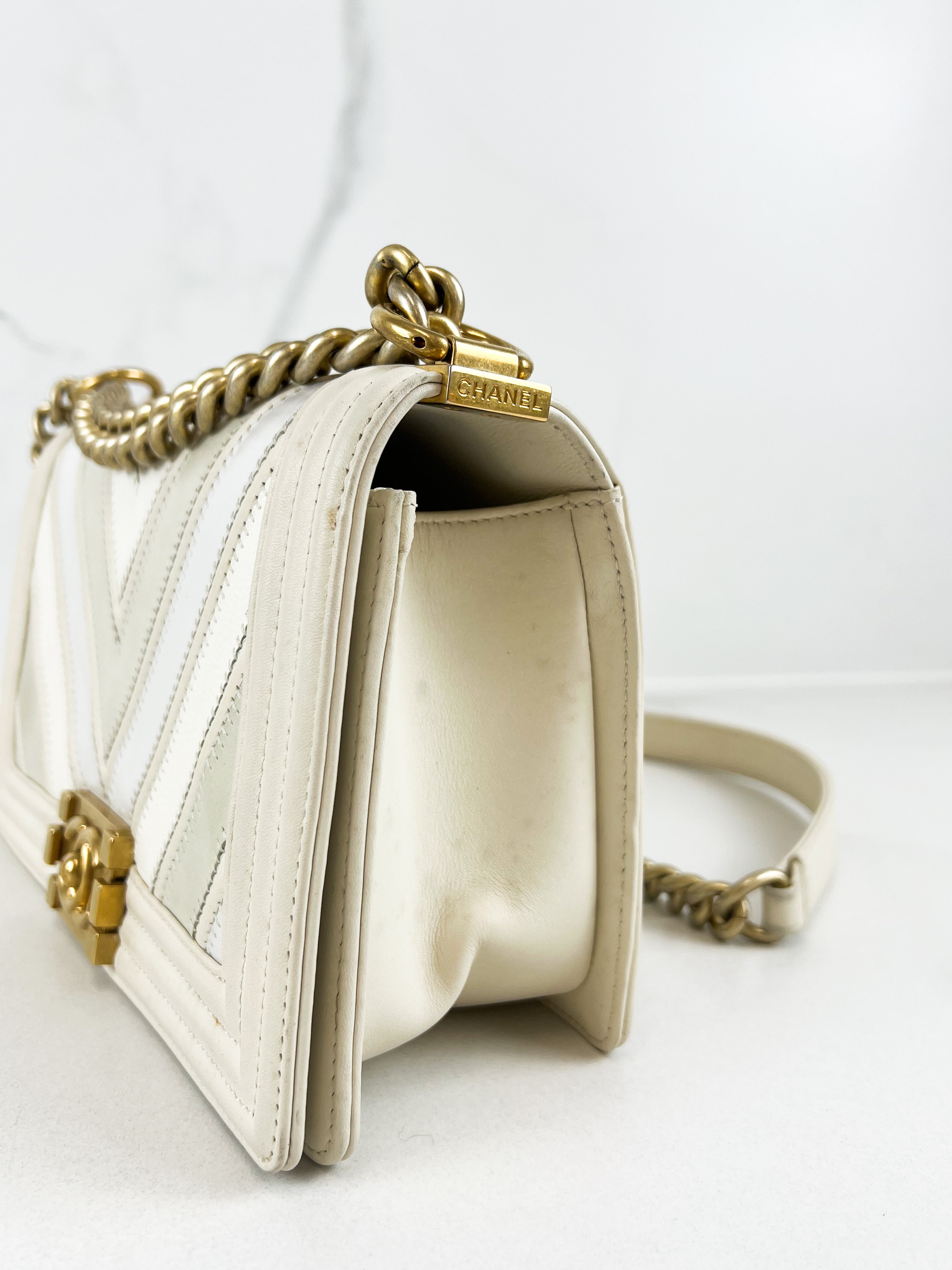 Chanel Old Medium Boy Bag in White Chevron Calfskin with Vintage GHW