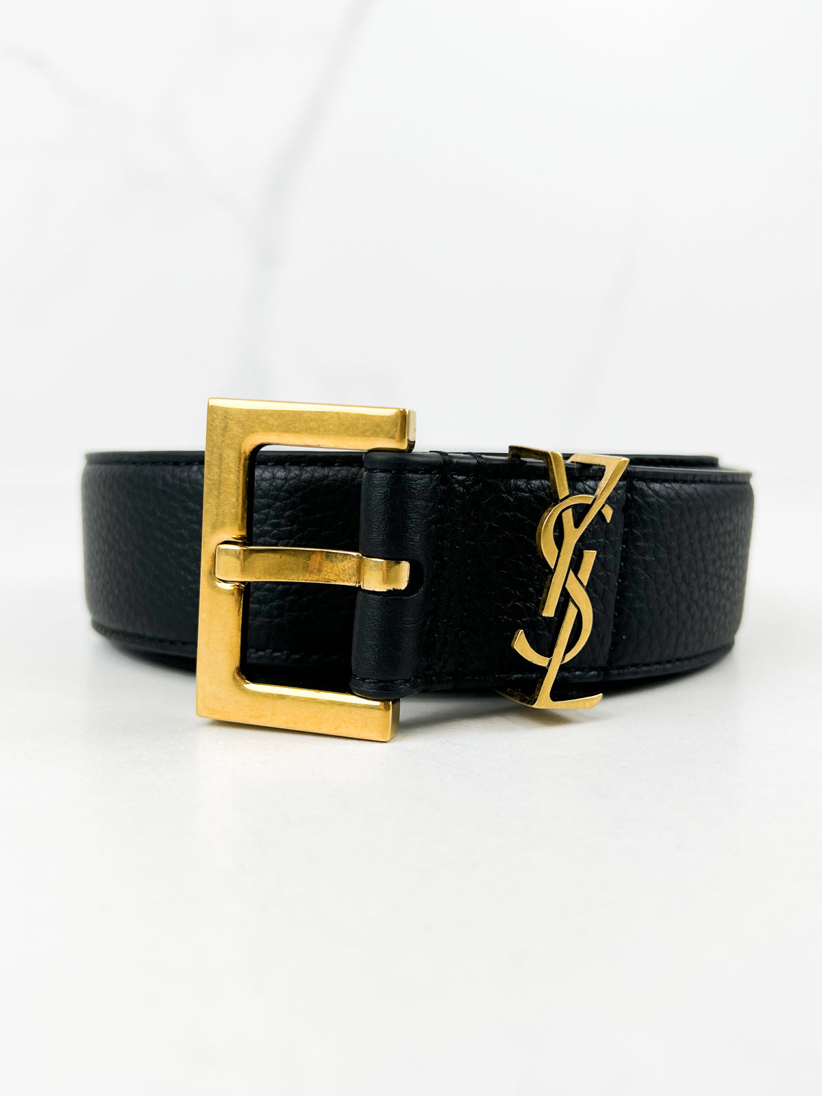 Saint Laurent Cassandre Black Leather Belt with GHW Size 90