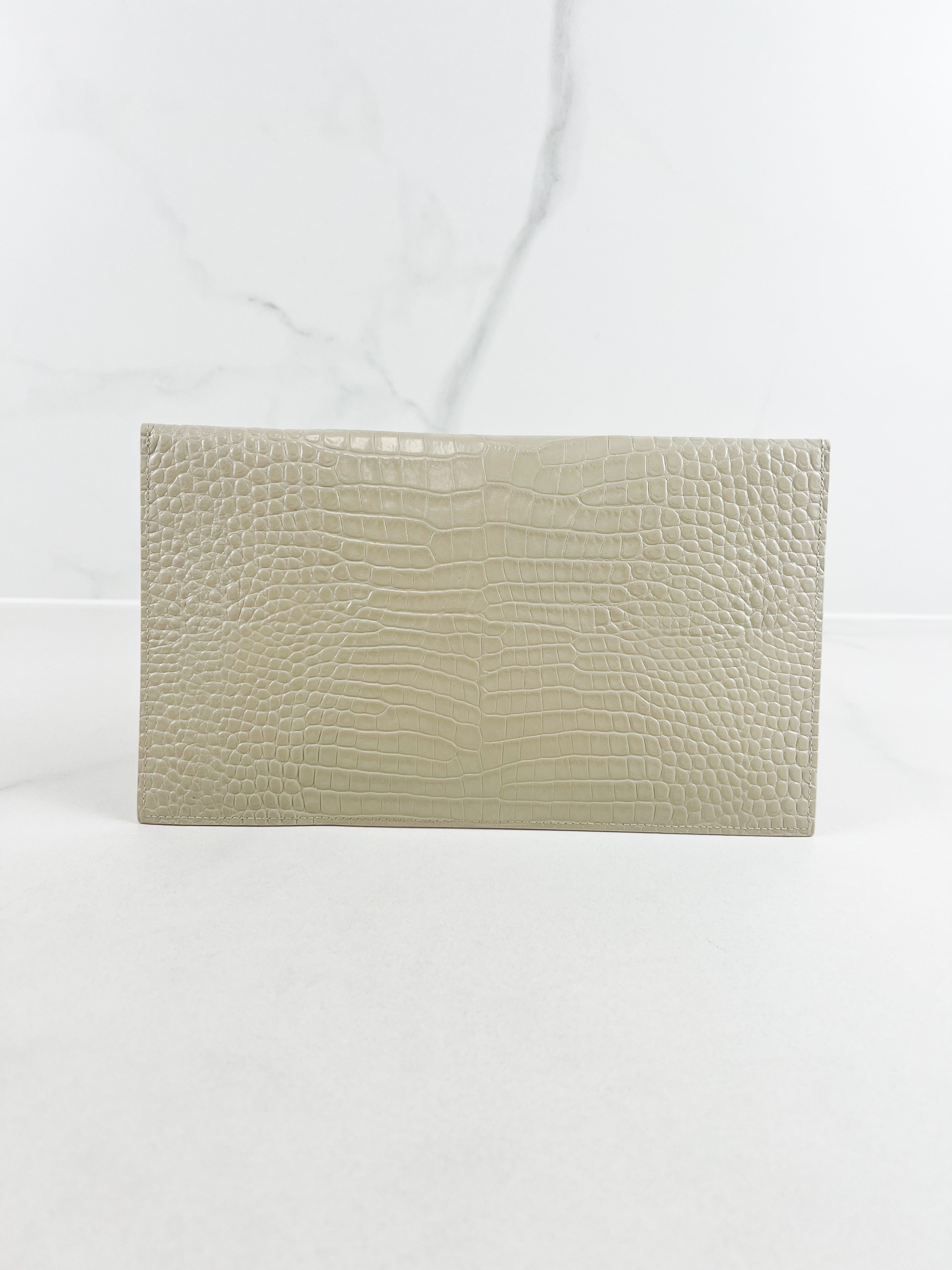 Saint Laurent Beige Uptown Pouch in Crema Soft Croc-Effect Leather