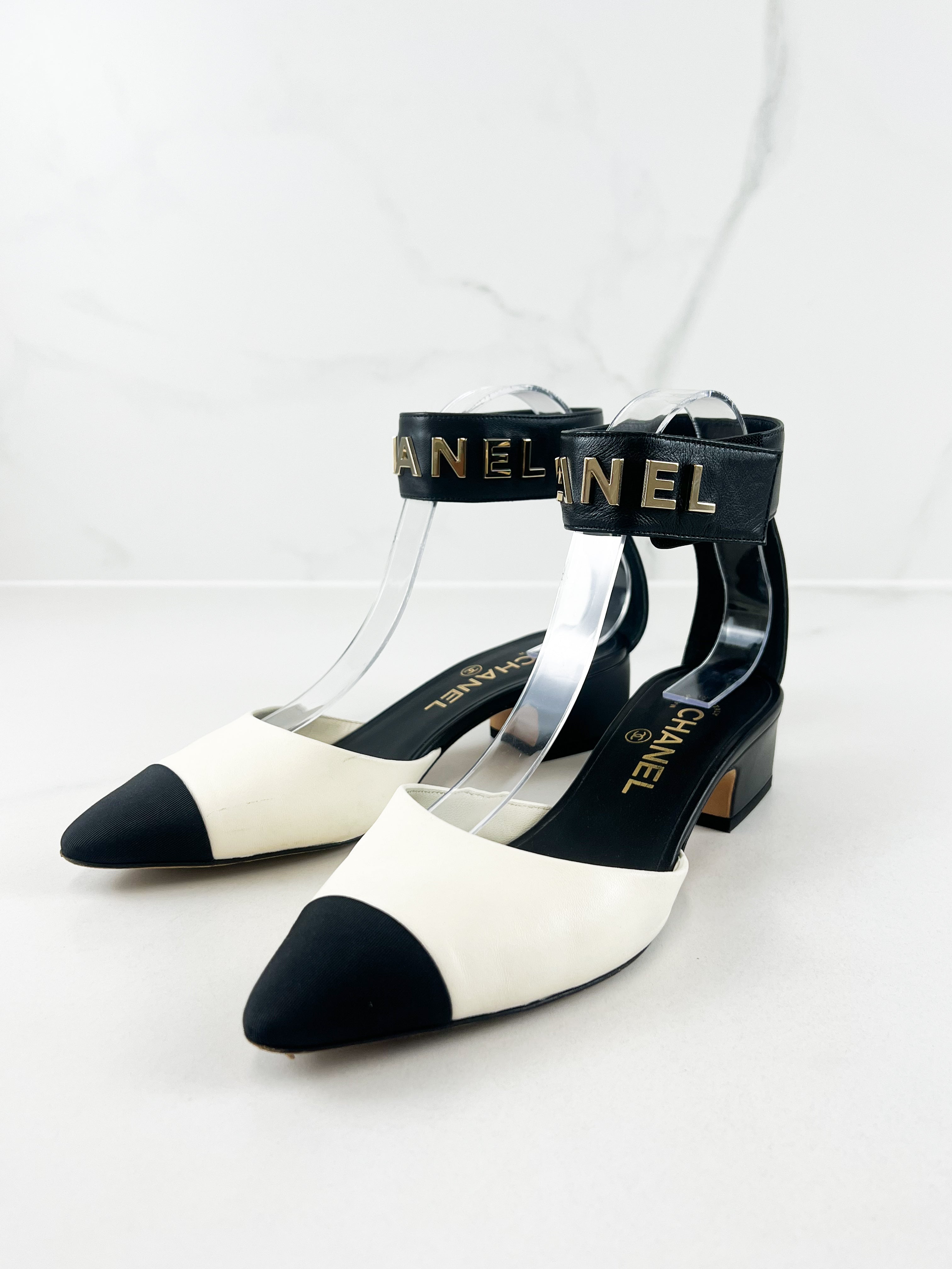 Chanel Lambskin Logo Ankle Strap in Size 37.5