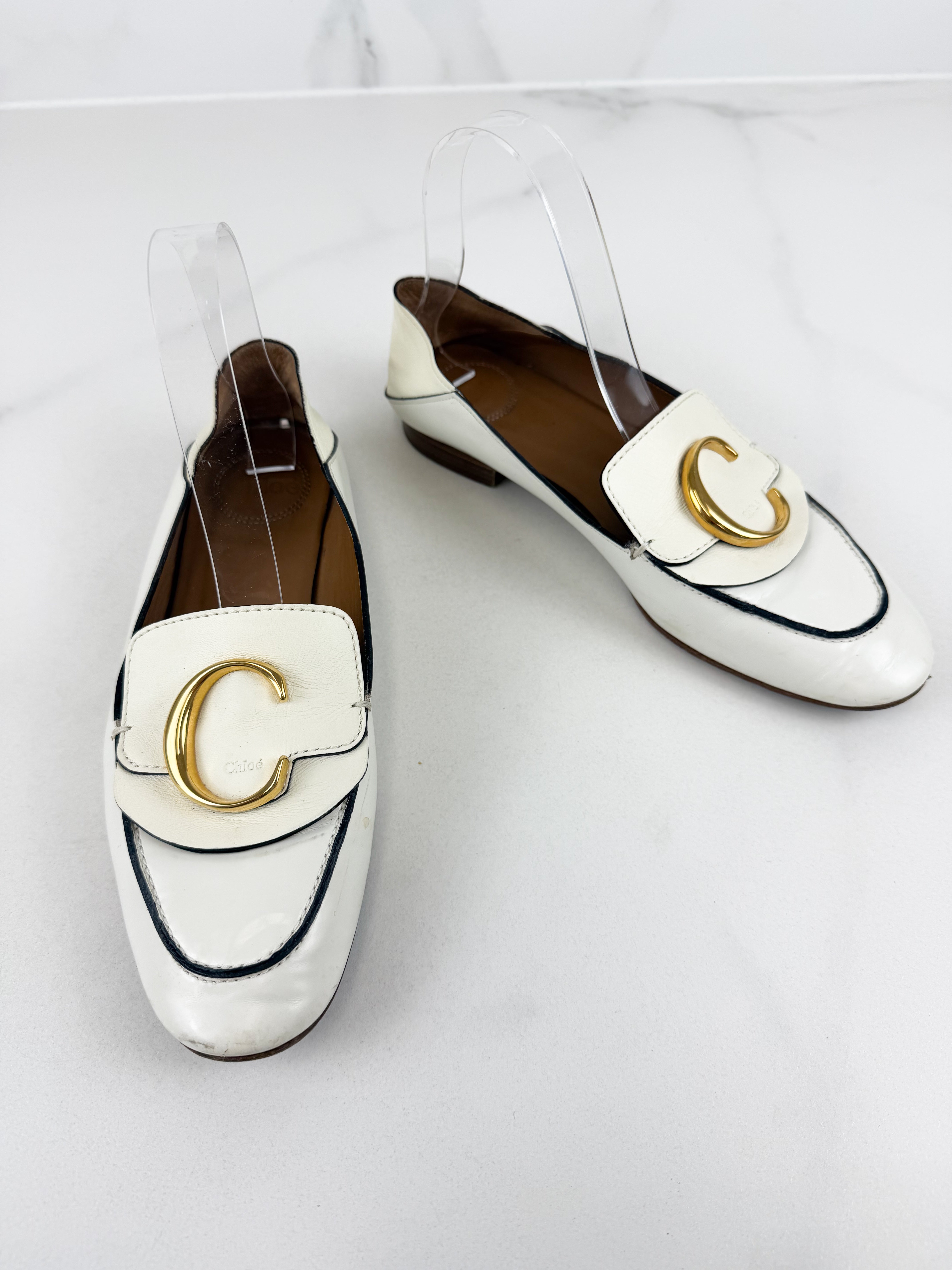 Chloe White Leather Loafers Size 38