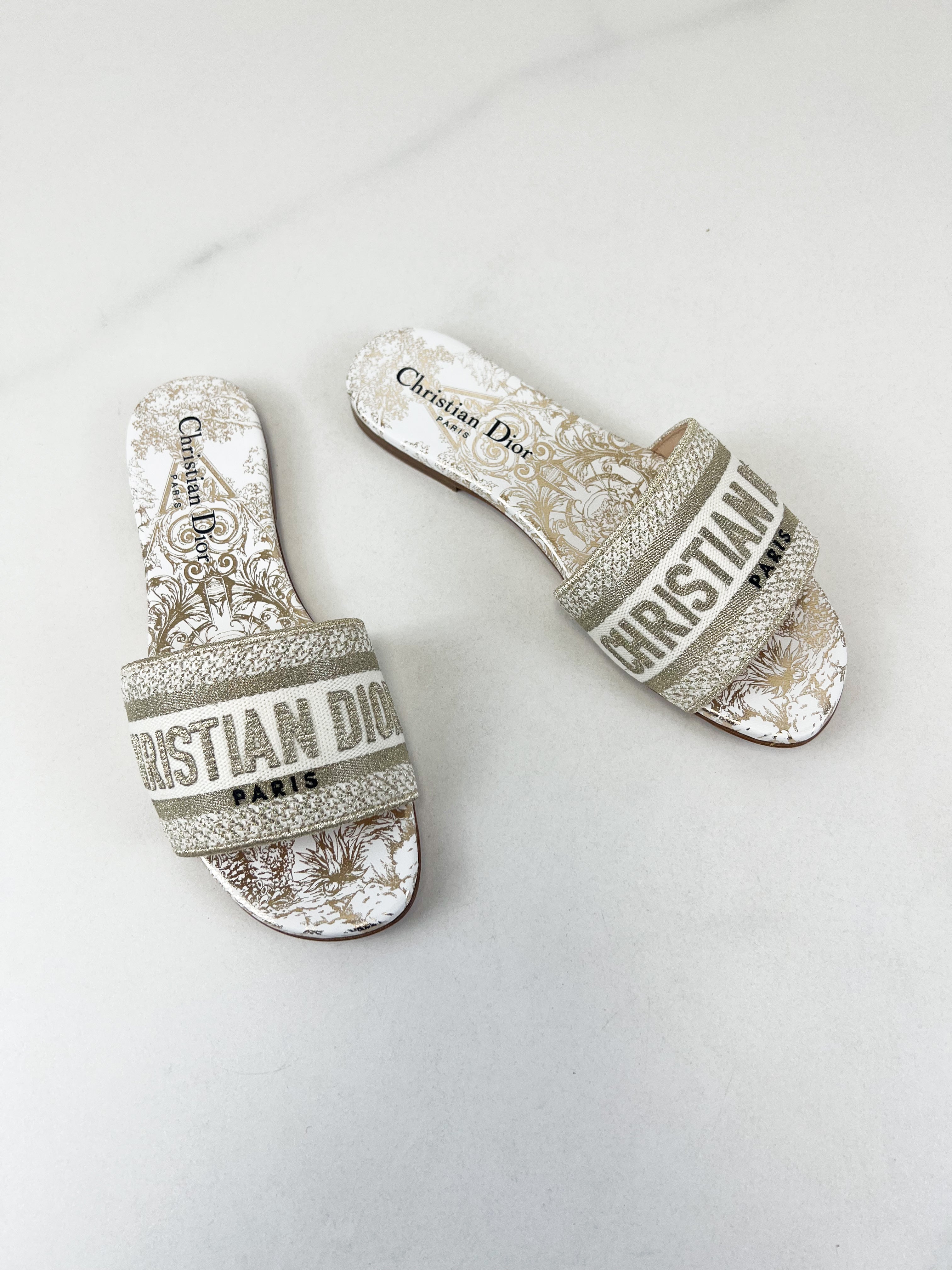 Christian Dior Gold & White Dway Slides Size 35