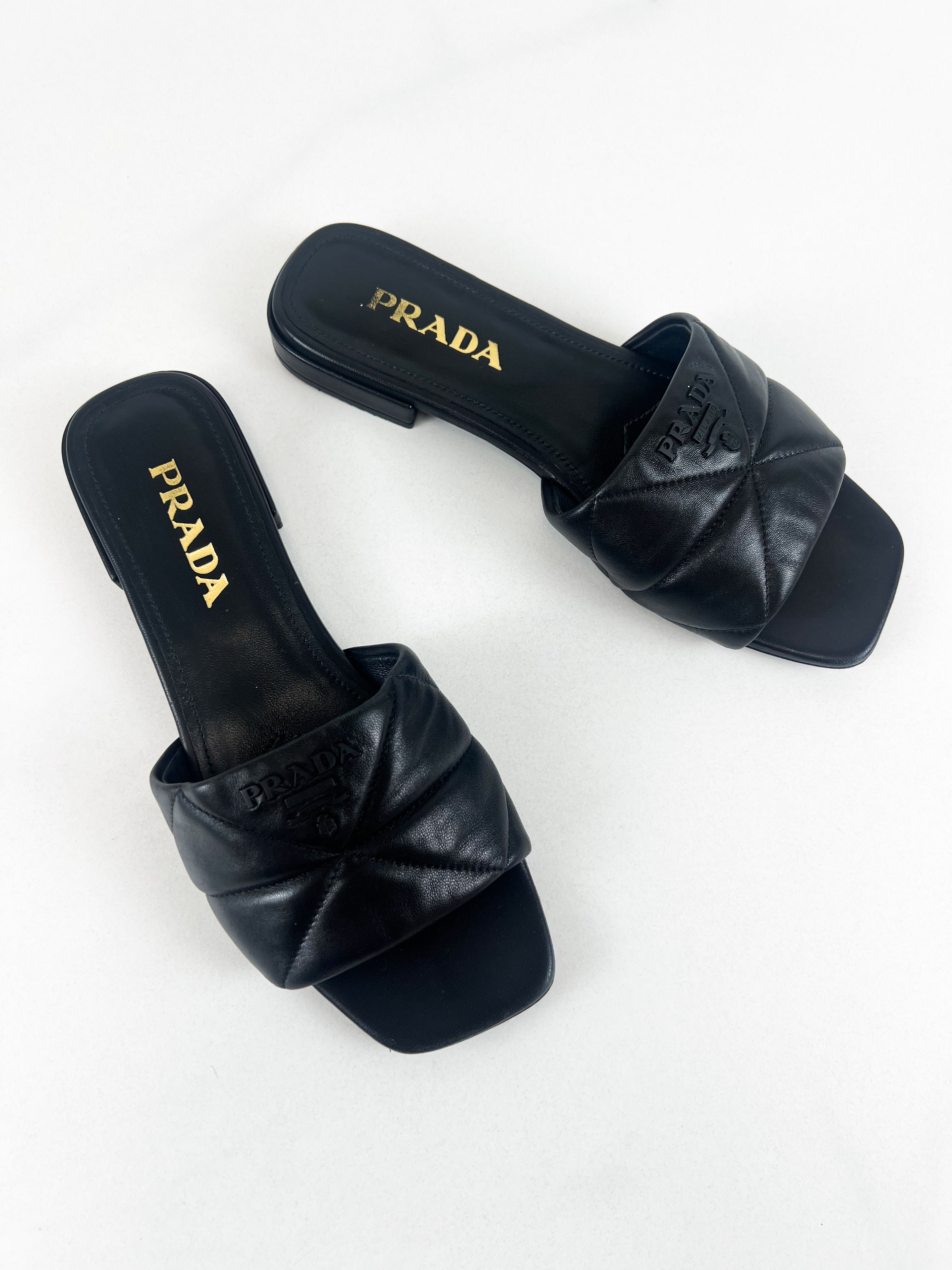 Prada Quilted Nappa Leather Slides in Black Size 38.5